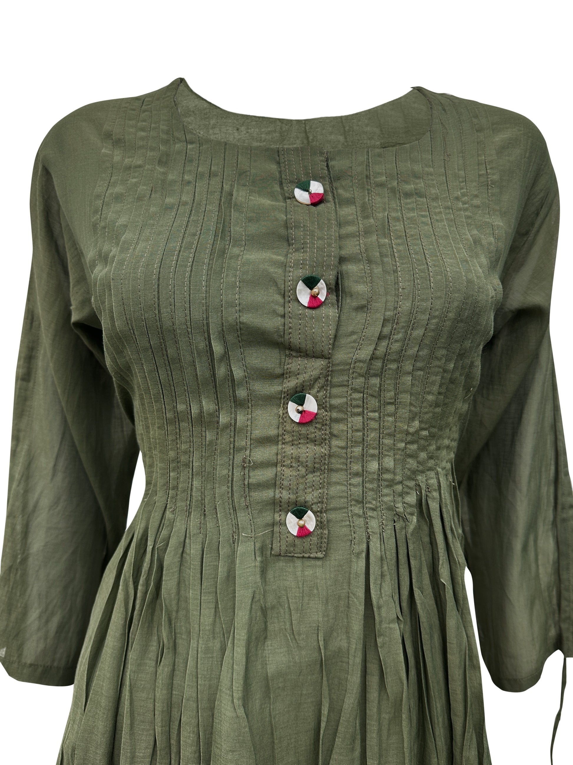 Olive Green Mal Chanderi Kurti Set with Hand Embroidery & Dupatta
