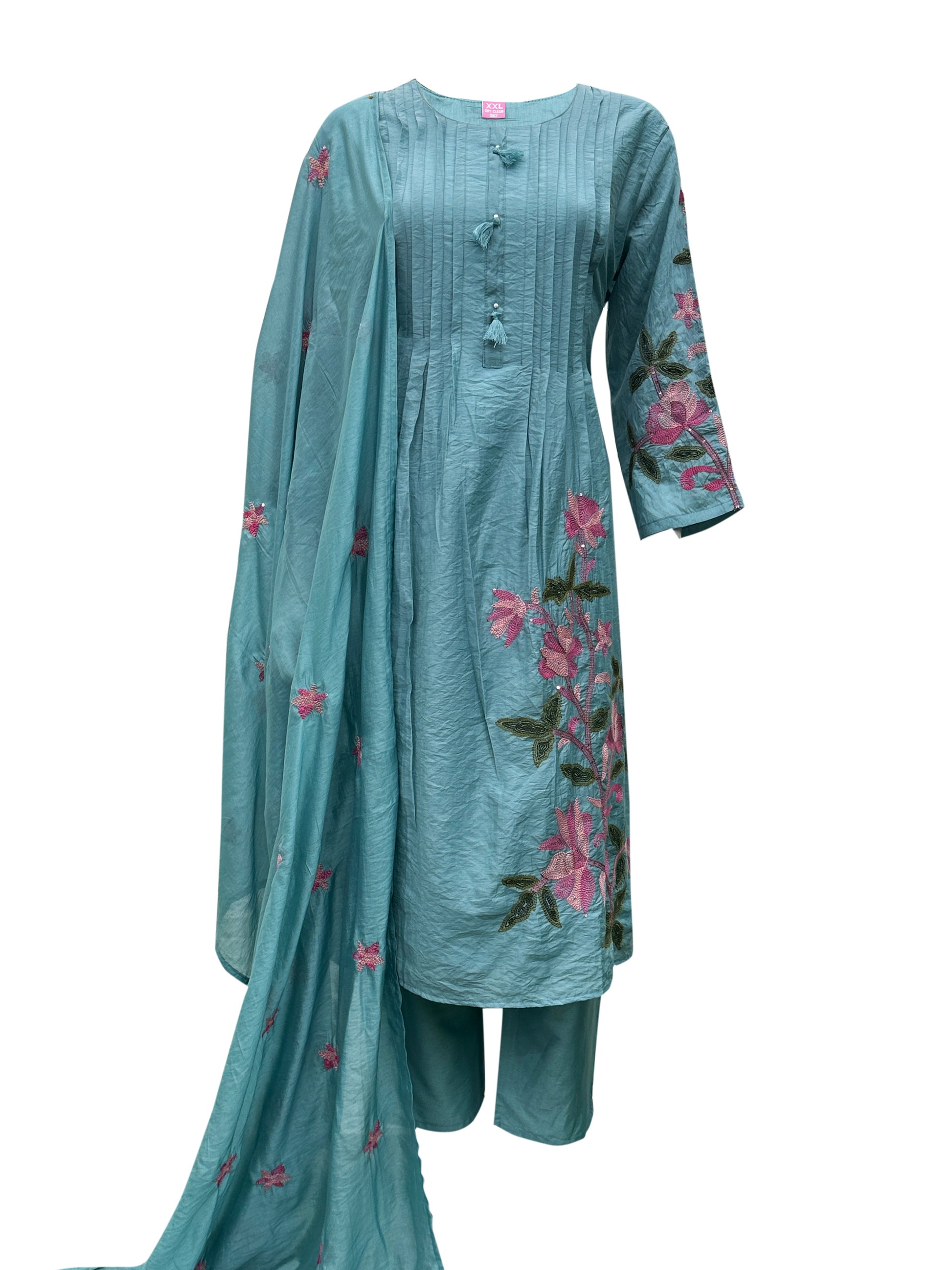 Teal Blue Mal Chanderi Aari Embroidered Round-Cut Kurti Set with Pintucks, Fabric Tassels & Floral Dupatta – 3 Piece Elegant Ethnic Ensemble