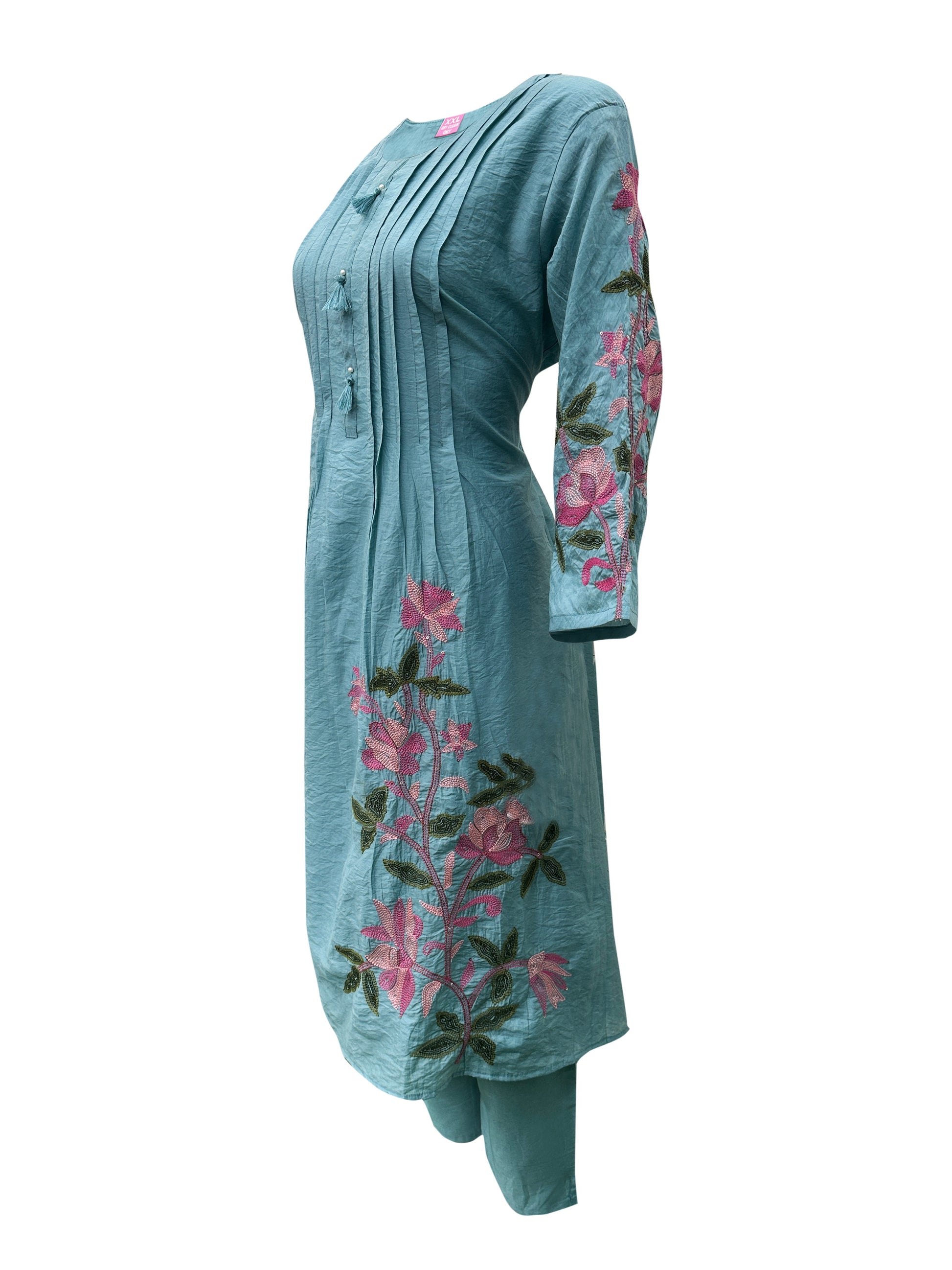 Teal Blue Mal Chanderi Aari Embroidered Round-Cut Kurti Set with Pintucks, Fabric Tassels & Floral Dupatta – 3 Piece Elegant Ethnic Ensemble