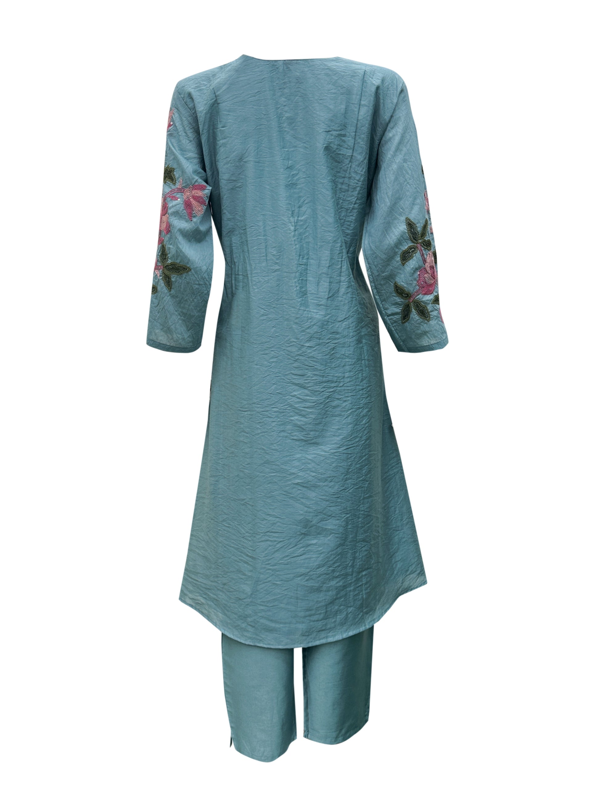 Teal Blue Mal Chanderi Aari Embroidered Round-Cut Kurti Set with Pintucks, Fabric Tassels & Floral Dupatta – 3 Piece Elegant Ethnic Ensemble