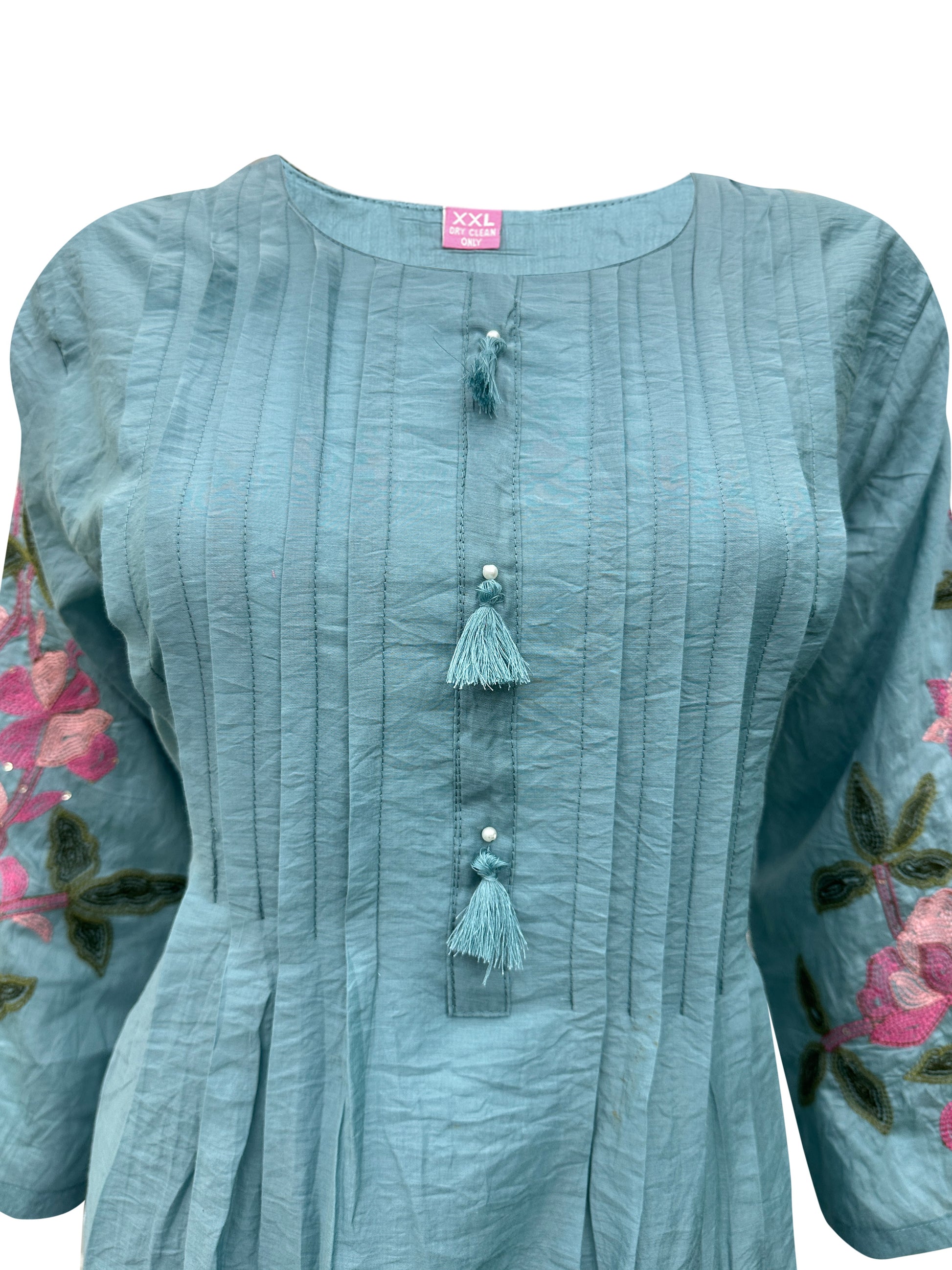 Teal Blue Mal Chanderi Aari Embroidered Round-Cut Kurti Set with Pintucks, Fabric Tassels & Floral Dupatta – 3 Piece Elegant Ethnic Ensemble