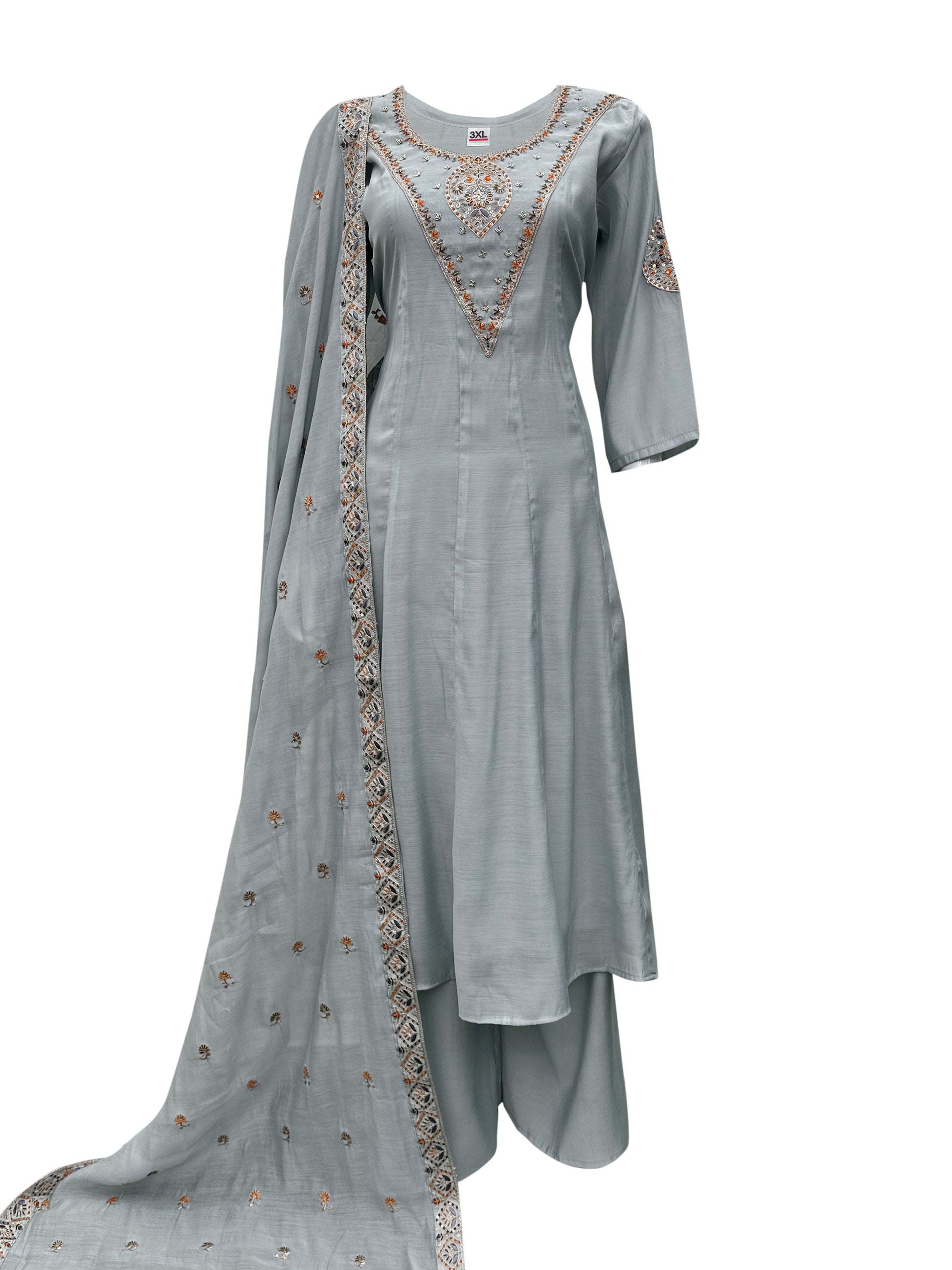 Dusty Sage Mal Chanderi Anarkali Set with Neck Embroidery & Siluj Work – 3 Piece Ethnic Ensemble