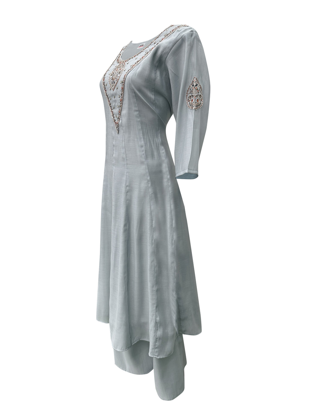 Dusty Sage Mal Chanderi Anarkali Set with Neck Embroidery & Siluj Work – 3 Piece Ethnic Ensemble