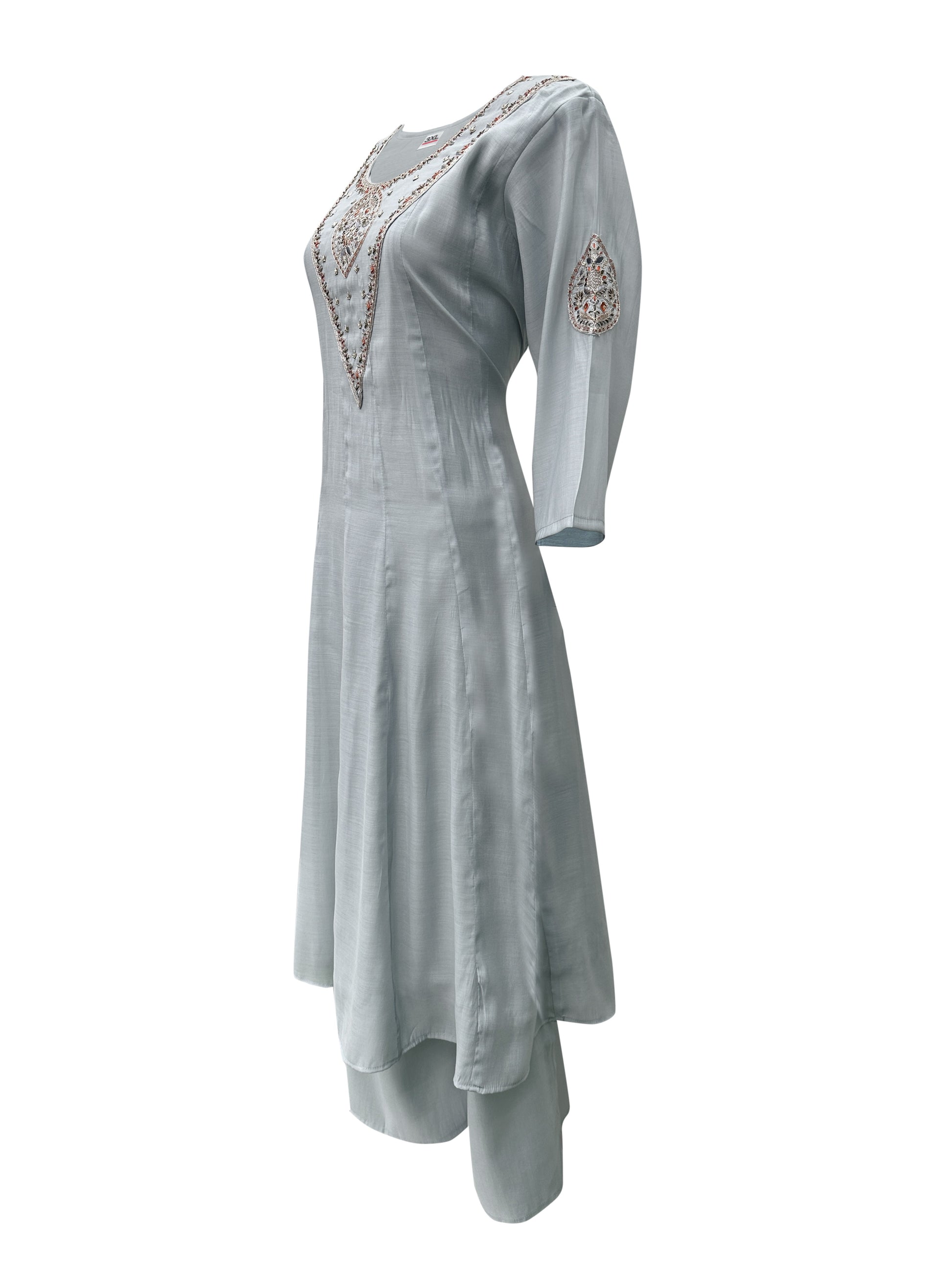 Dusty Sage Mal Chanderi Anarkali Set with Neck Embroidery & Siluj Work – 3 Piece Ethnic Ensemble