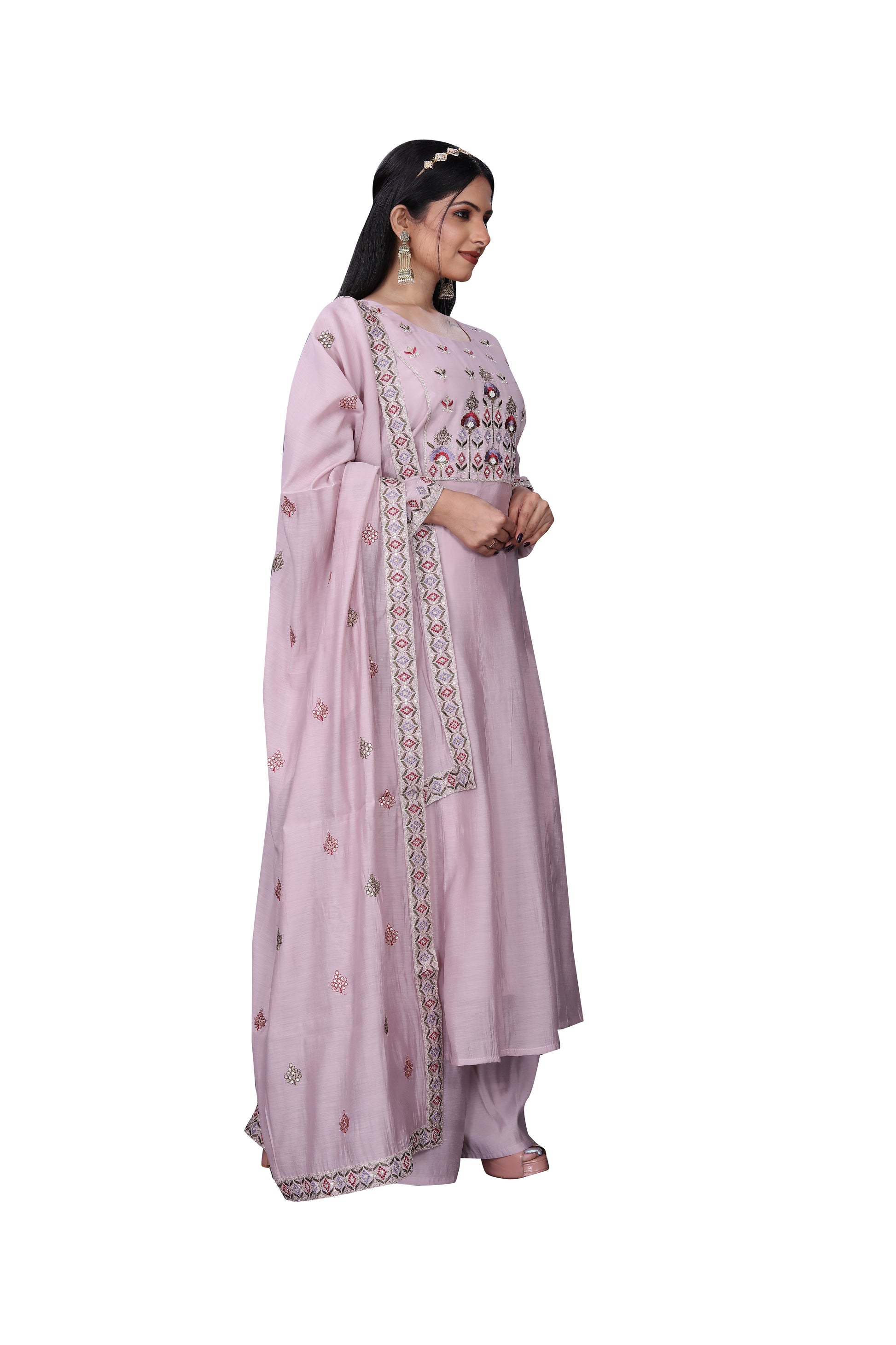 Blush Pink Silk Blend Embroidered Kurta Palazzo Set with Dupatta – 3 Piece Ensemble