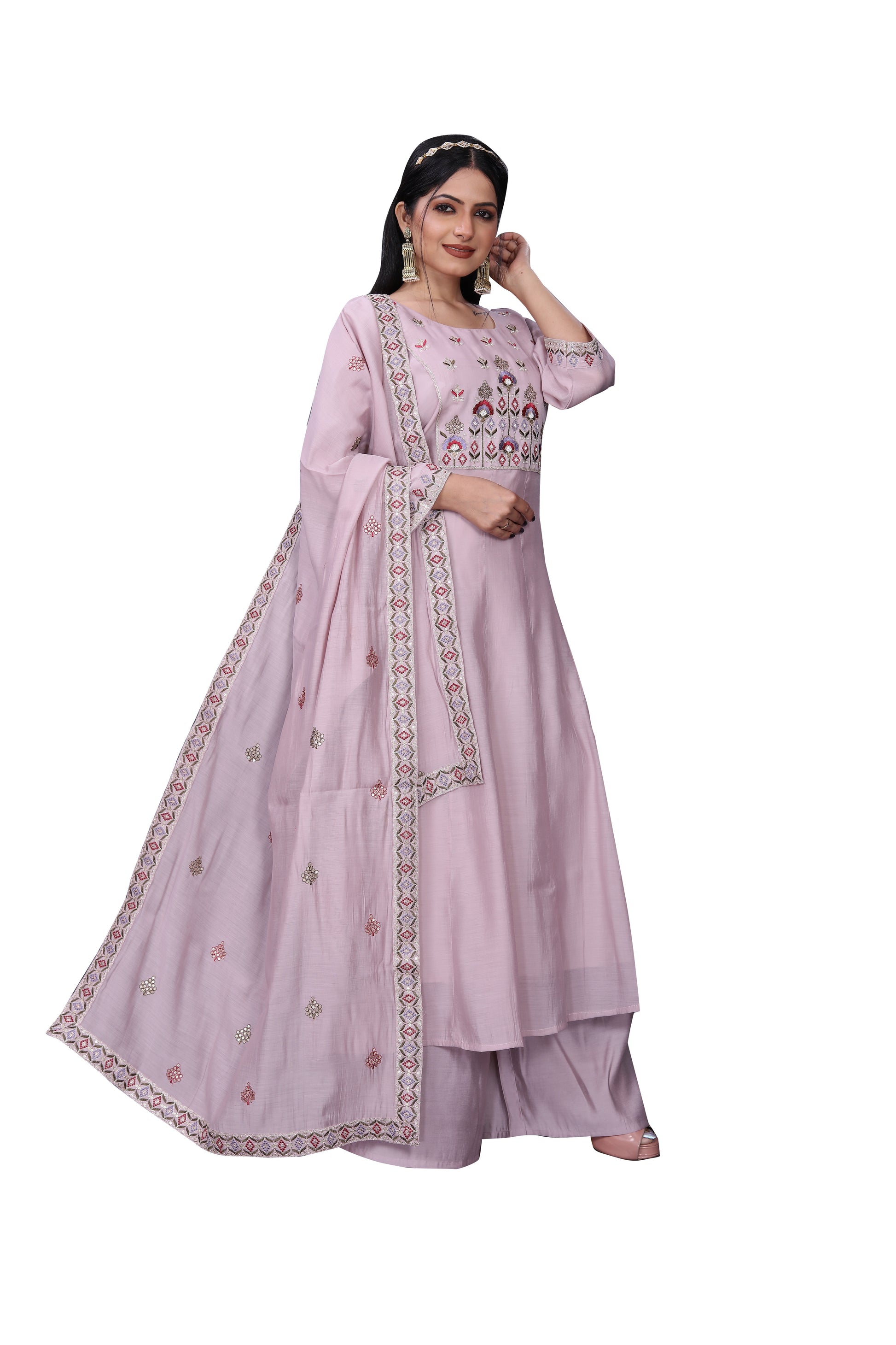 Blush Pink Silk Blend Embroidered Kurta Palazzo Set with Dupatta – 3 Piece Ensemble