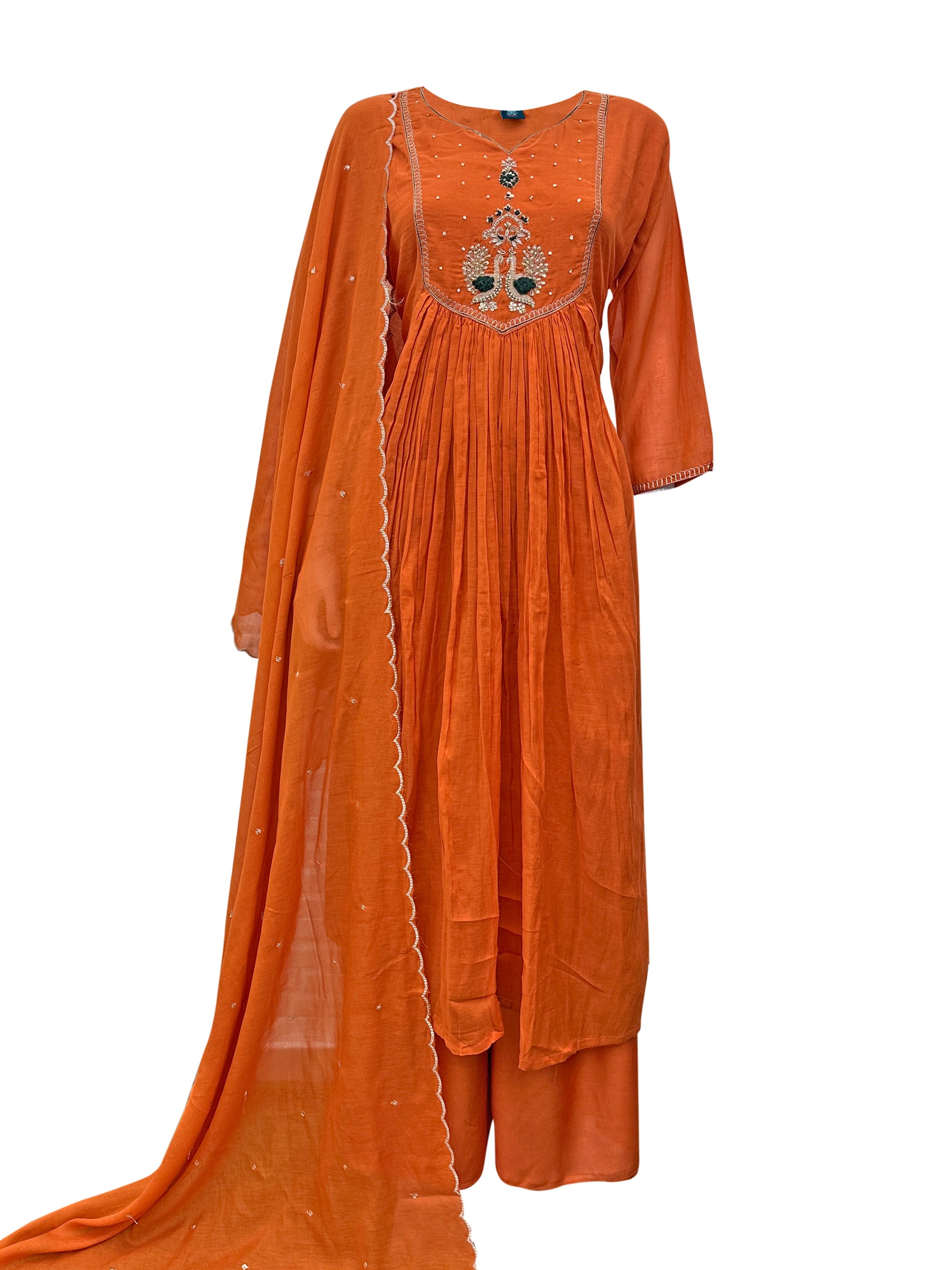 Burnt Orange Mal Chanderi Anarkali Kurti Set with Intricate Mirror Work, Hand Embroidery & Scalloped Dupatta – 3 Piece Ethnic Ensemble