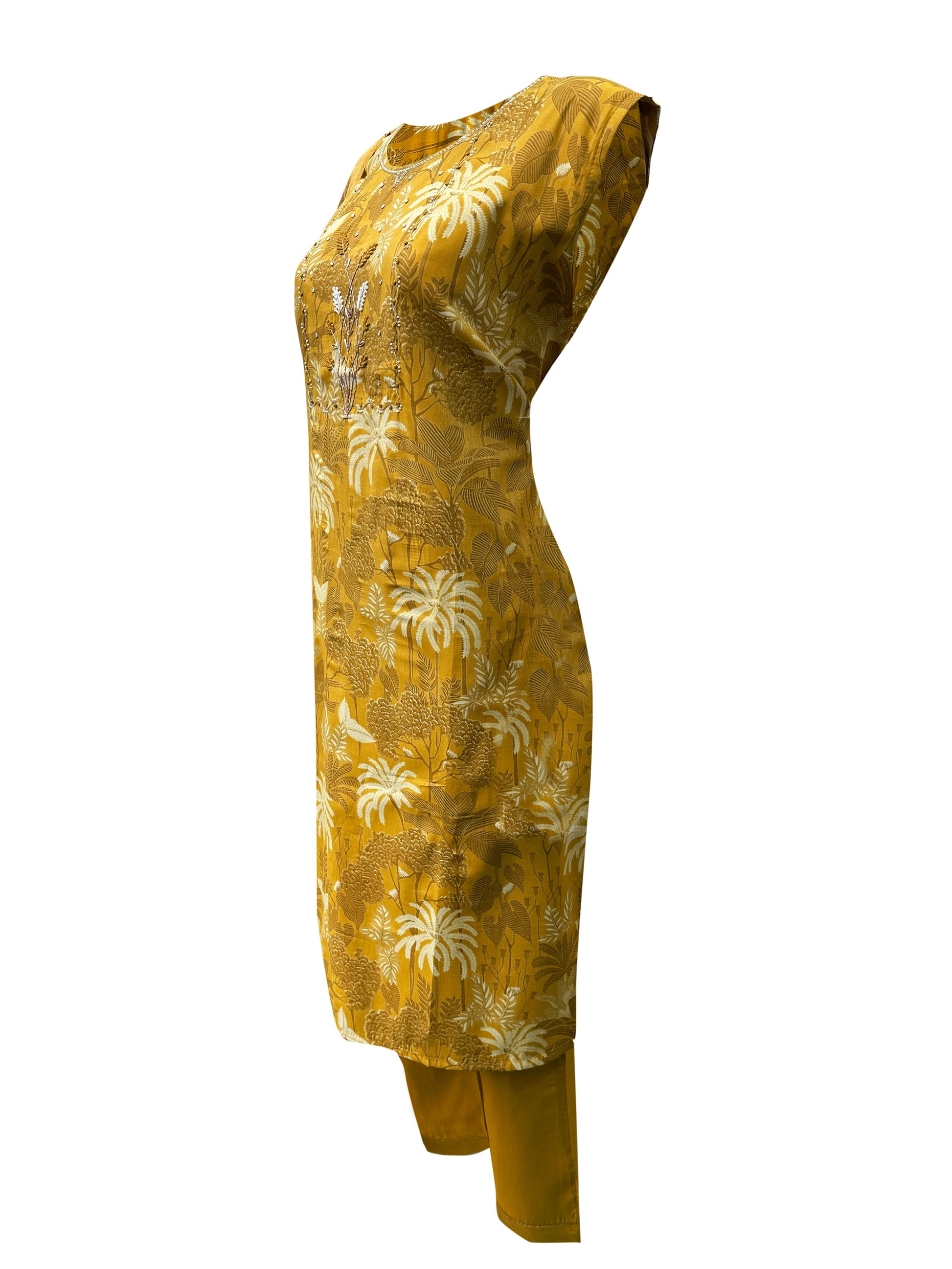 Mustard Yellow Printed Kurti Set with Side Cut, Zardozi Handwork & Silk Dupatta – 3 Piece Elegant Ensemble