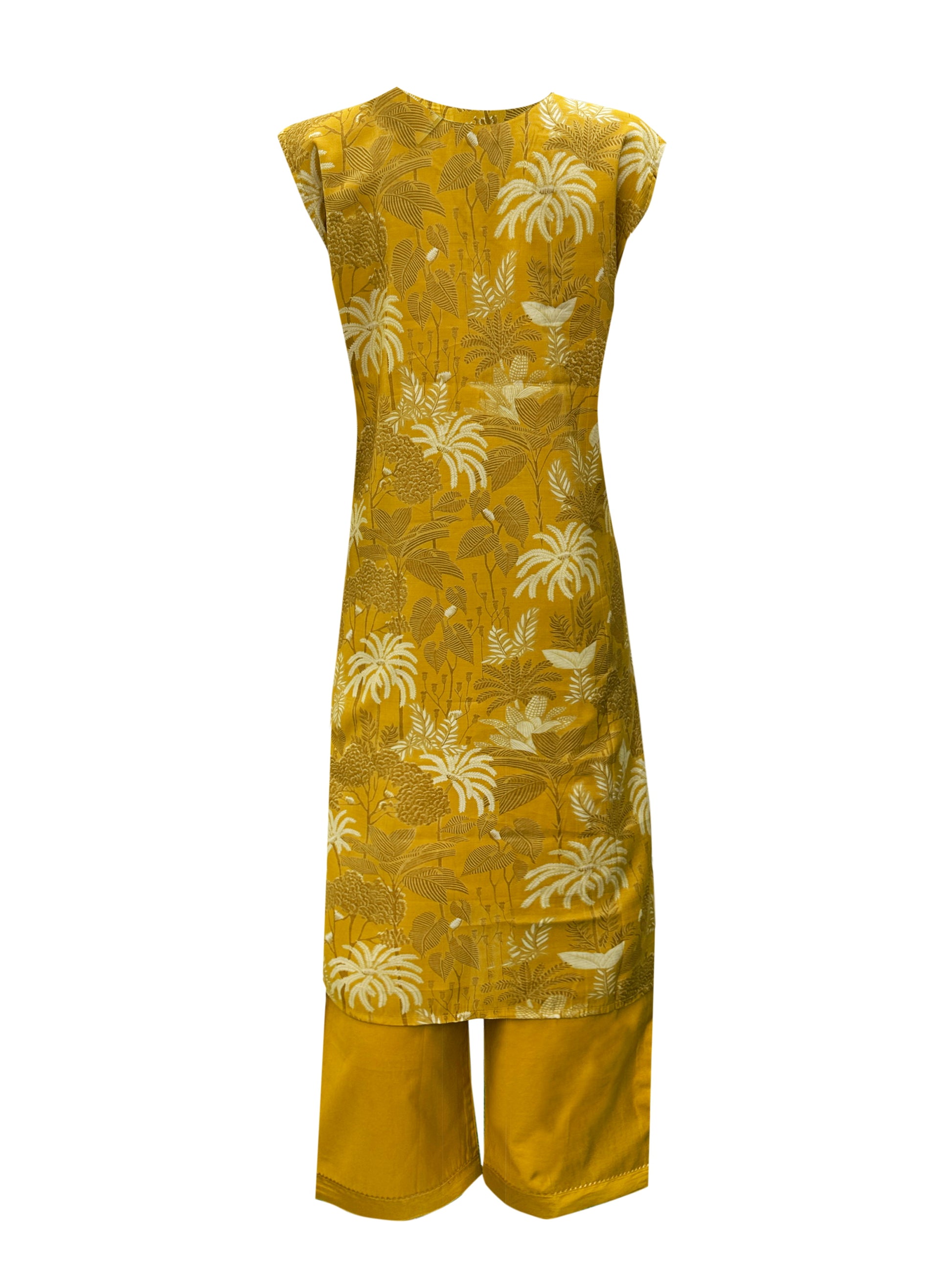 Mustard Yellow Printed Kurti Set with Side Cut, Zardozi Handwork & Silk Dupatta – 3 Piece Elegant Ensemble