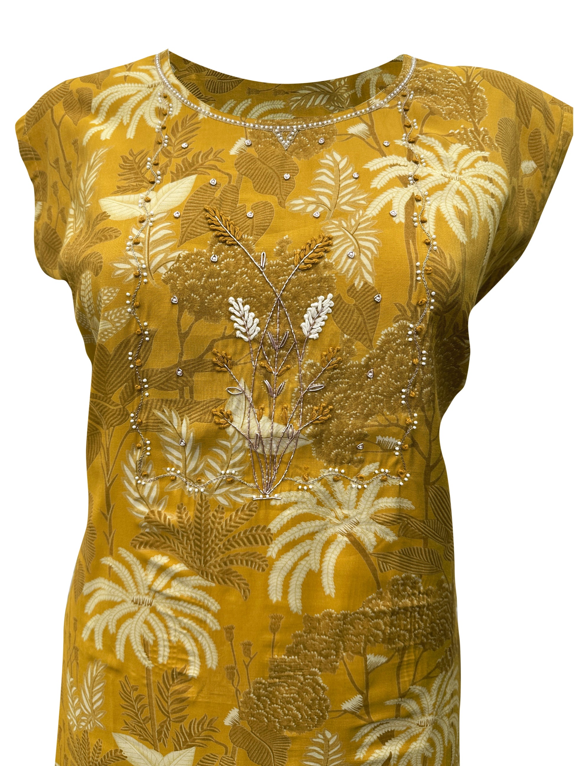 Mustard Yellow Printed Kurti Set with Side Cut, Zardozi Handwork & Silk Dupatta – 3 Piece Elegant Ensemble