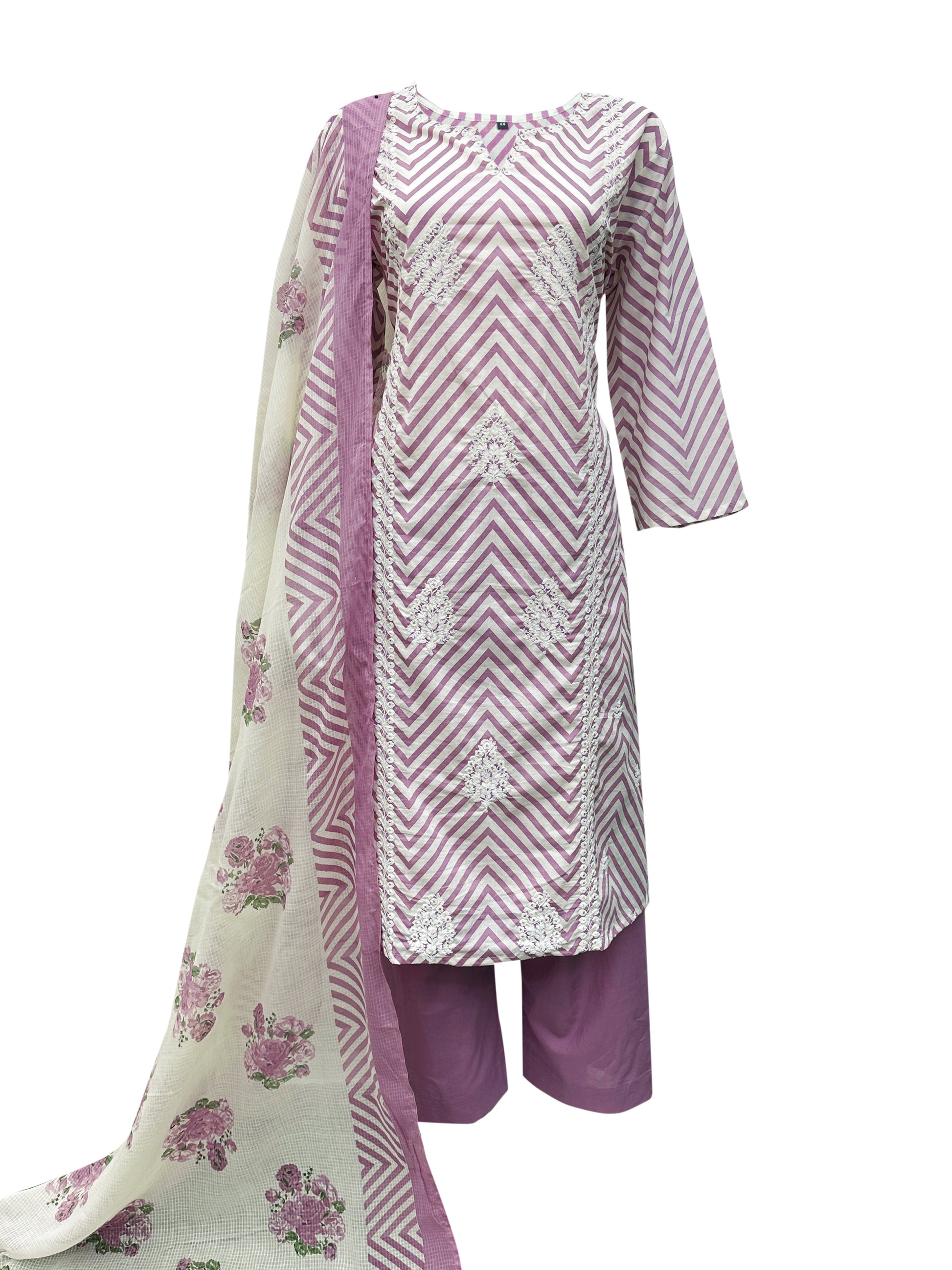 Lavender & White Lehriya Cotton Suit Set with Light Embroidery & Printed Dupatta – 3 Piece Ensemble