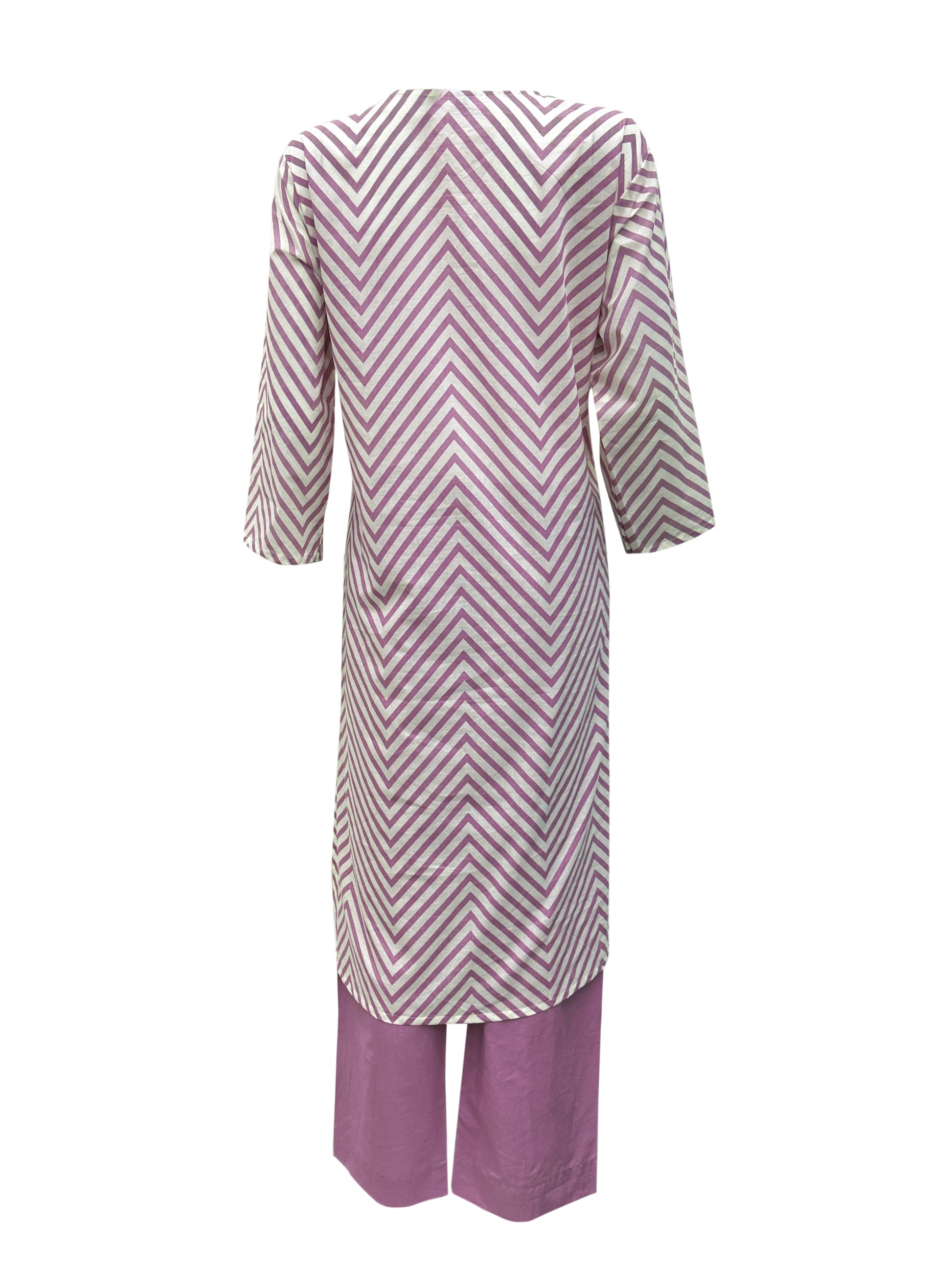 Lavender & White Lehriya Cotton Suit Set with Light Embroidery & Printed Dupatta – 3 Piece Ensemble