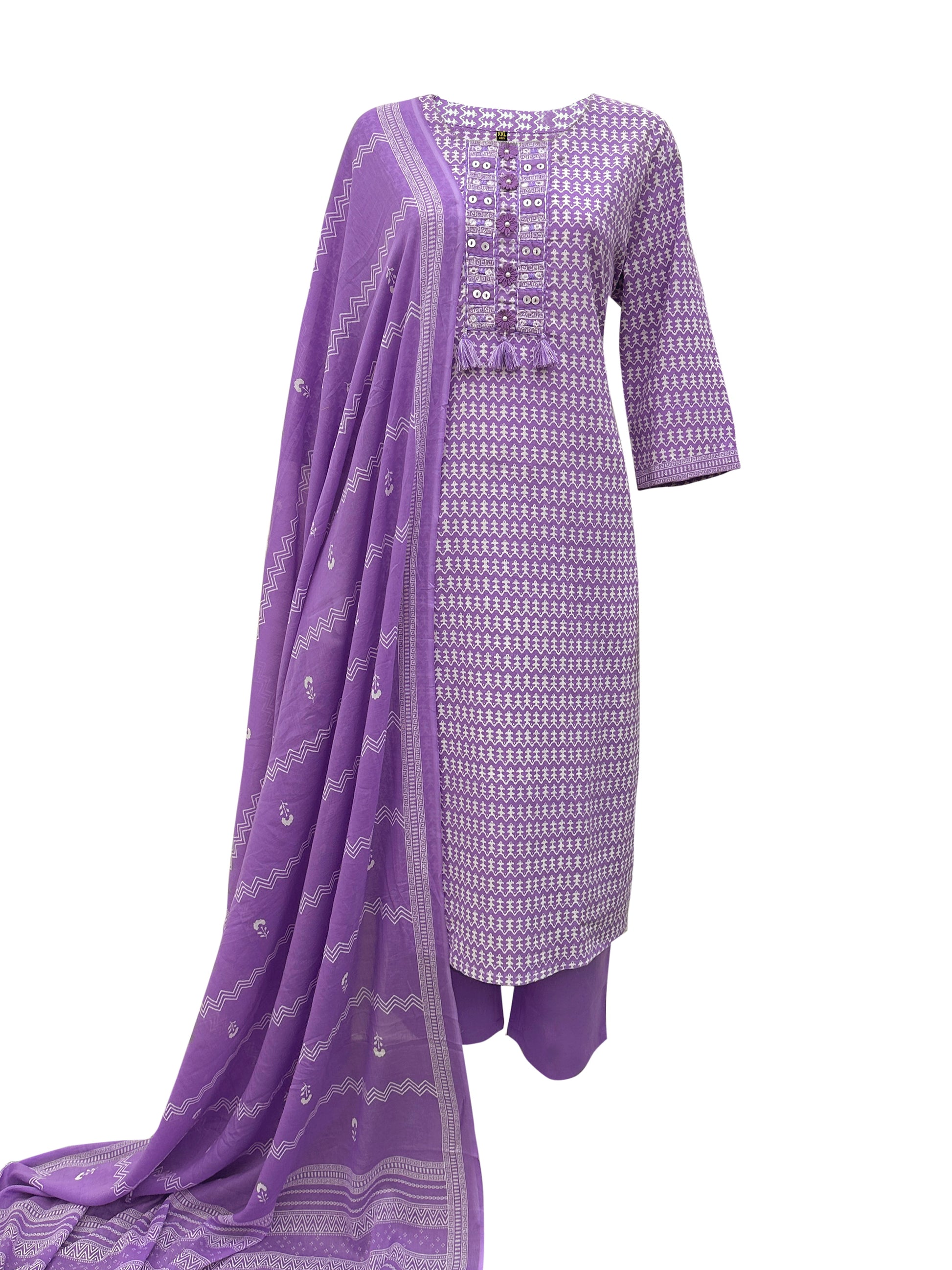 Purple Cotton Suit Set with Light Neck Work & Mul Cotton Dupatta – 3 Piece Ensemble