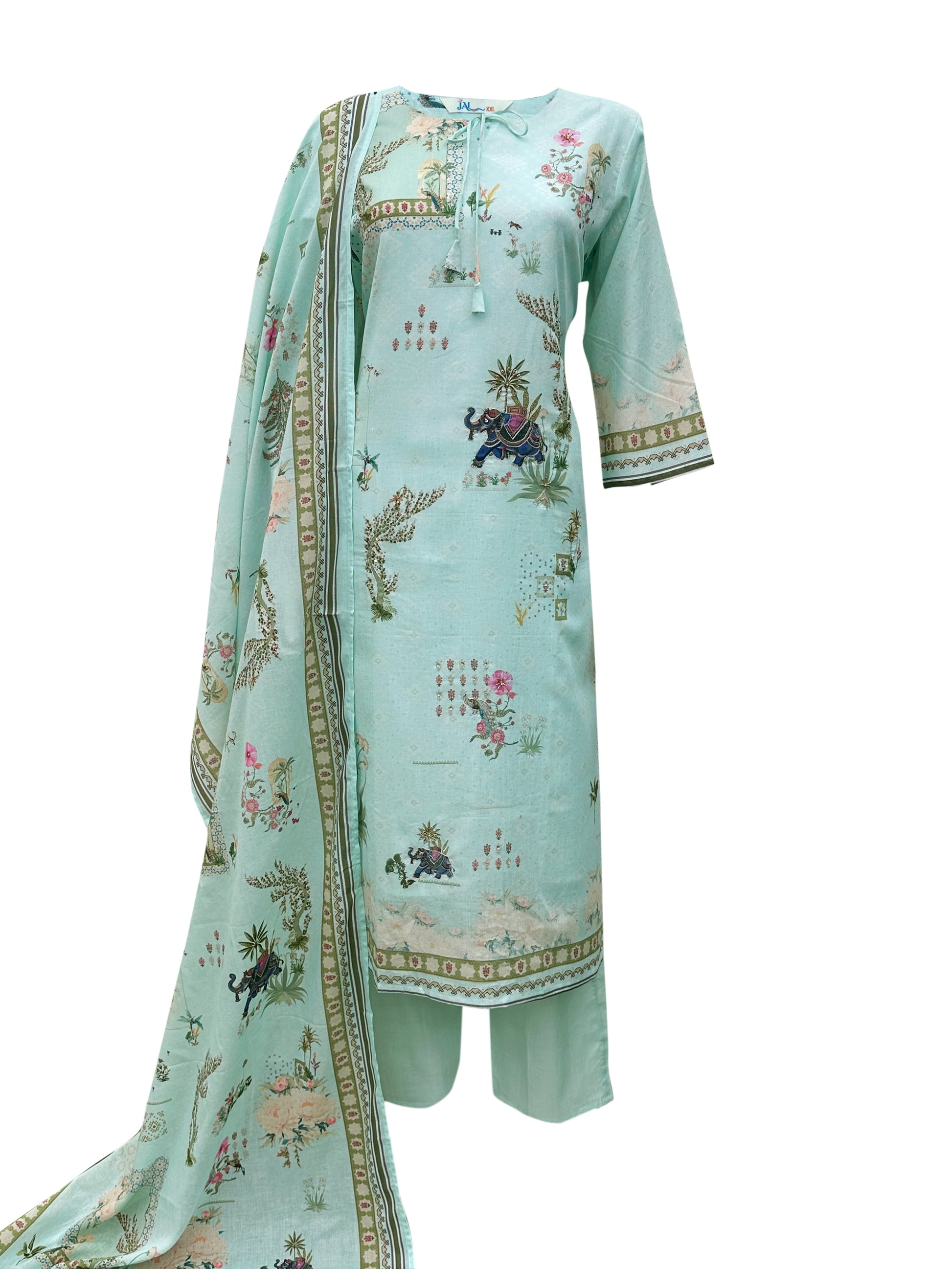 Mint Green Mal Cotton Suit Set with Digital Print & Light Hand Masin Work – 3 Piece Ensemble