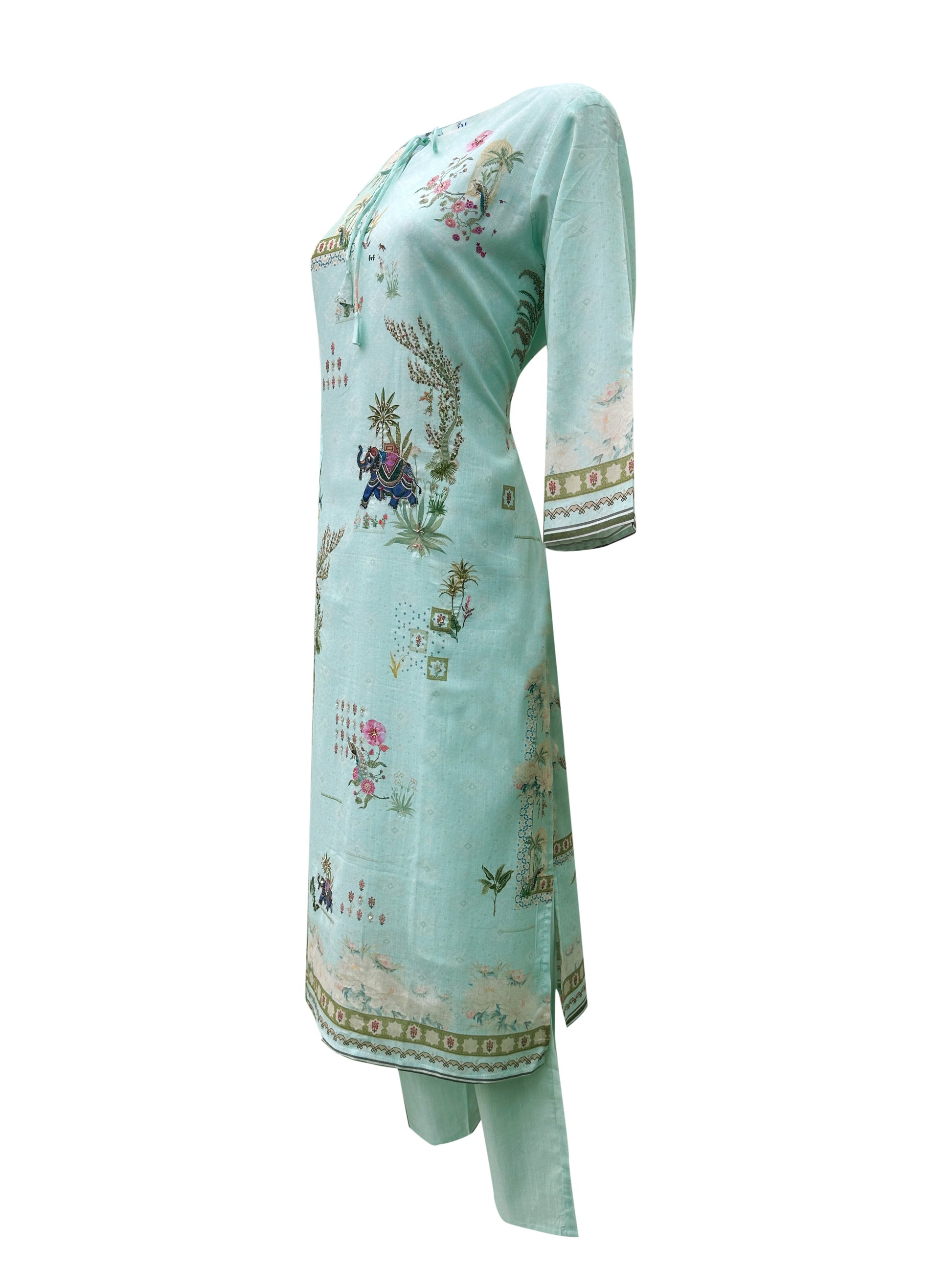 Mint Green Mal Cotton Suit Set with Digital Print & Light Hand Masin Work – 3 Piece Ensemble