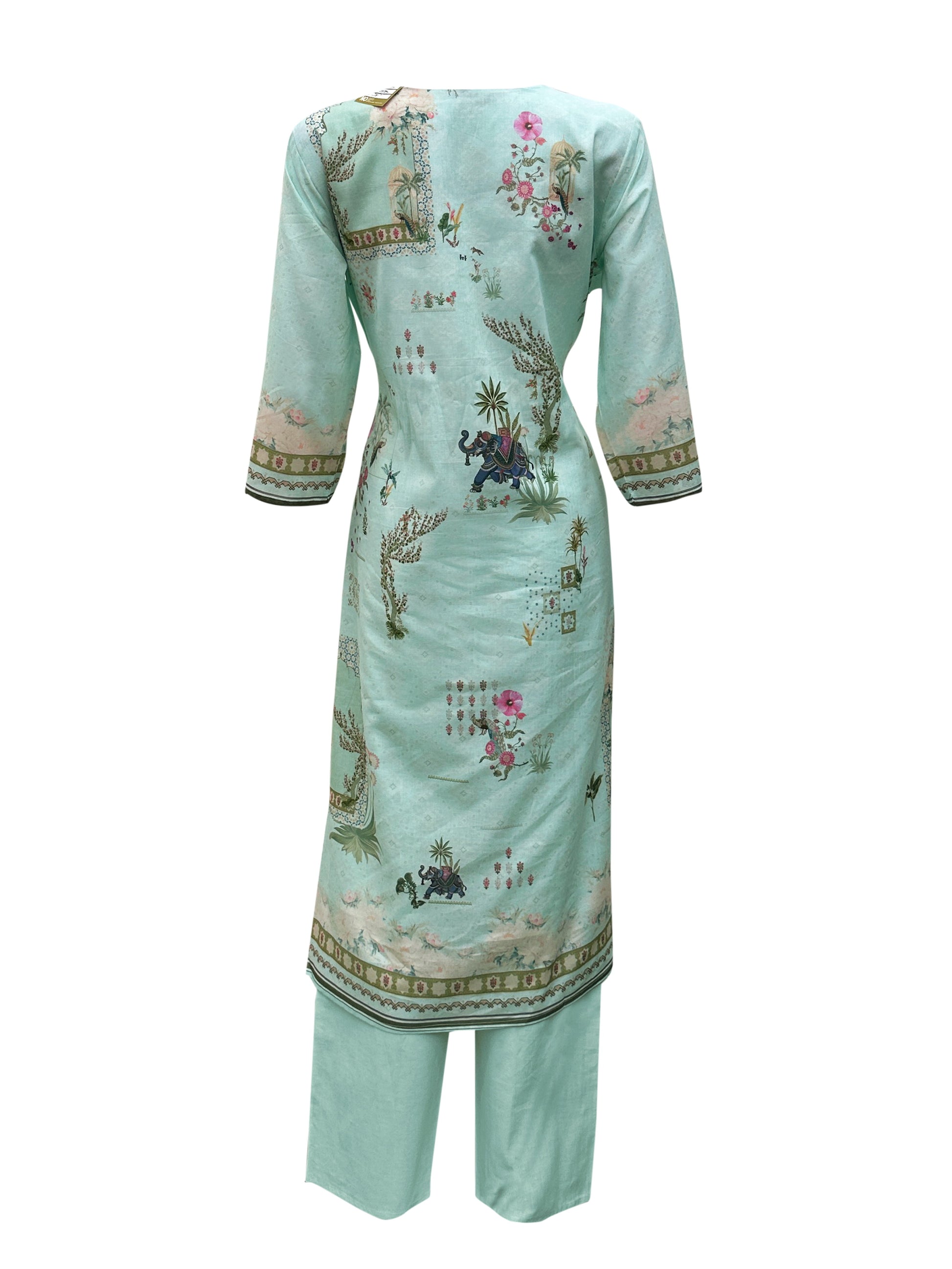 Mint Green Mal Cotton Suit Set with Digital Print & Light Hand Masin Work – 3 Piece Ensemble