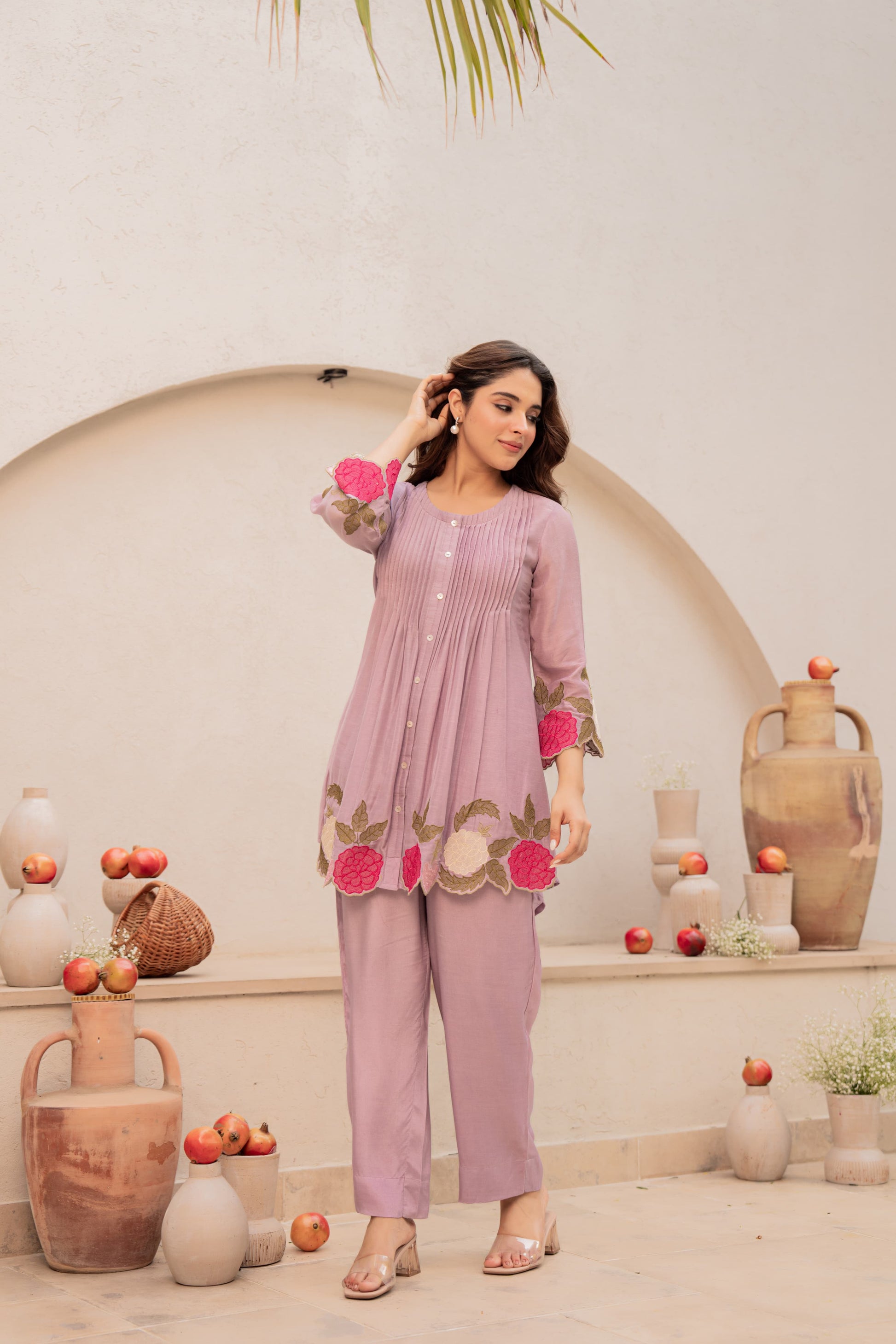 Lavender Dola Silk Co-ord Set with Cutwork Embroidery