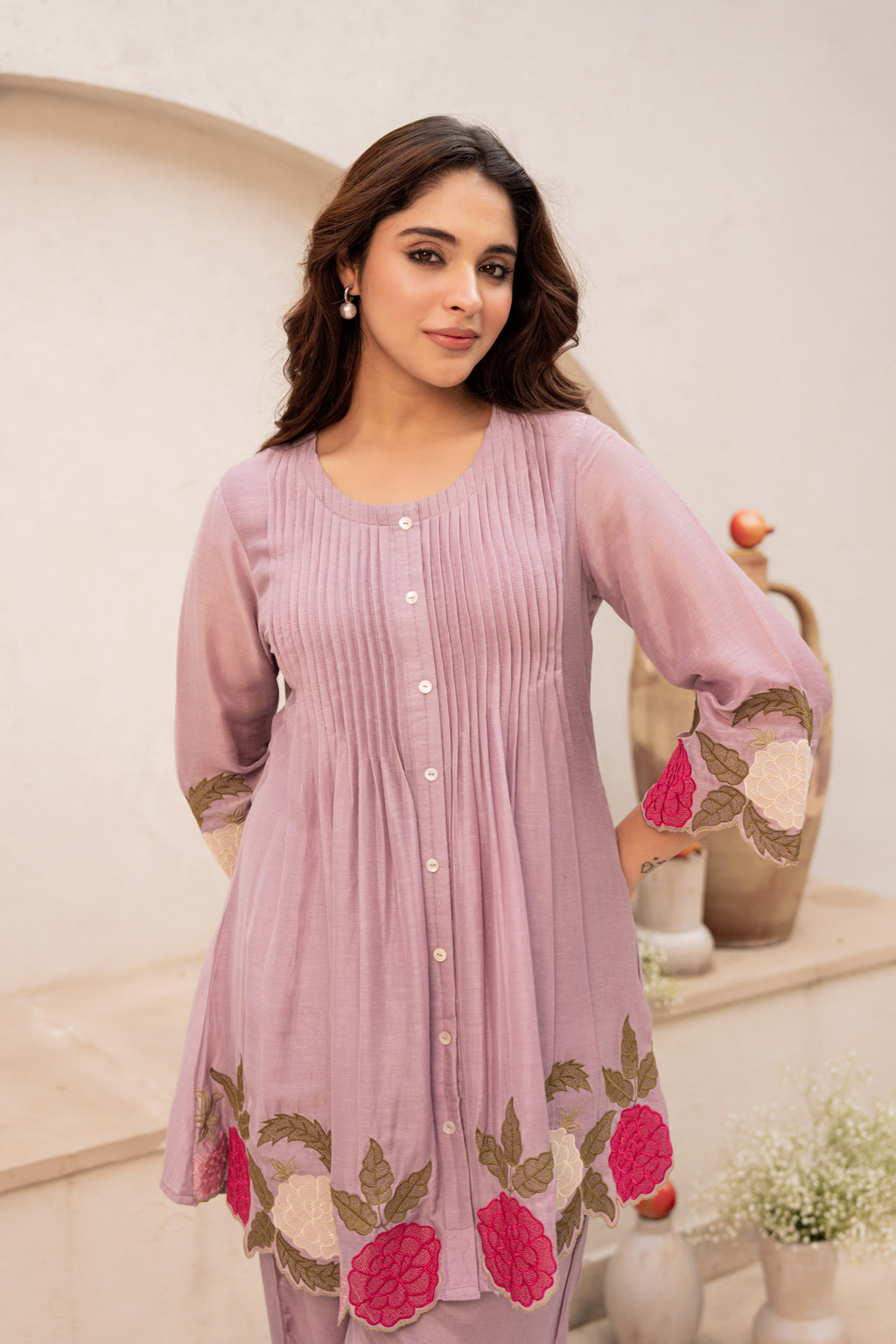 Lavender Dola Silk Co-ord Set with Cutwork Embroidery