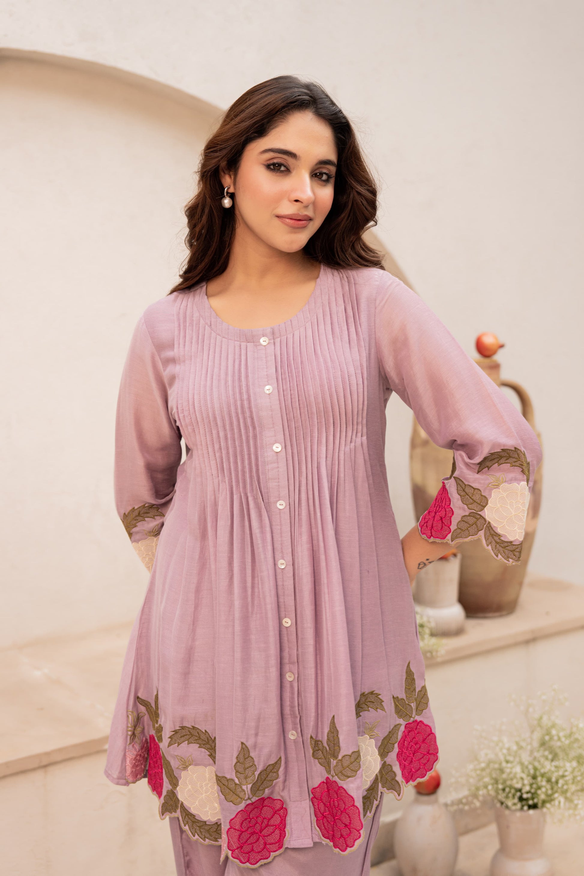 Lavender Dola Silk Co-ord Set with Cutwork Embroidery