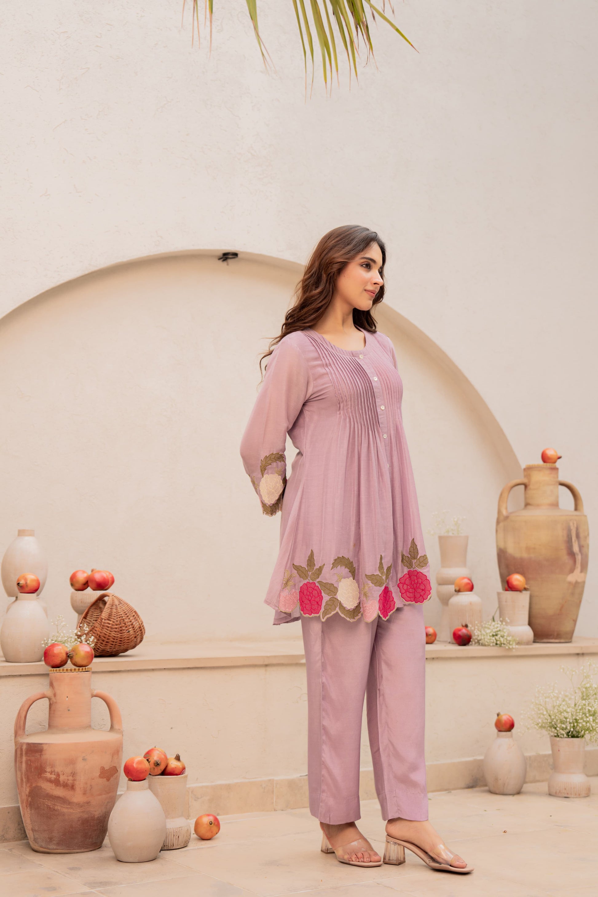 Lavender Dola Silk Co-ord Set with Cutwork Embroidery