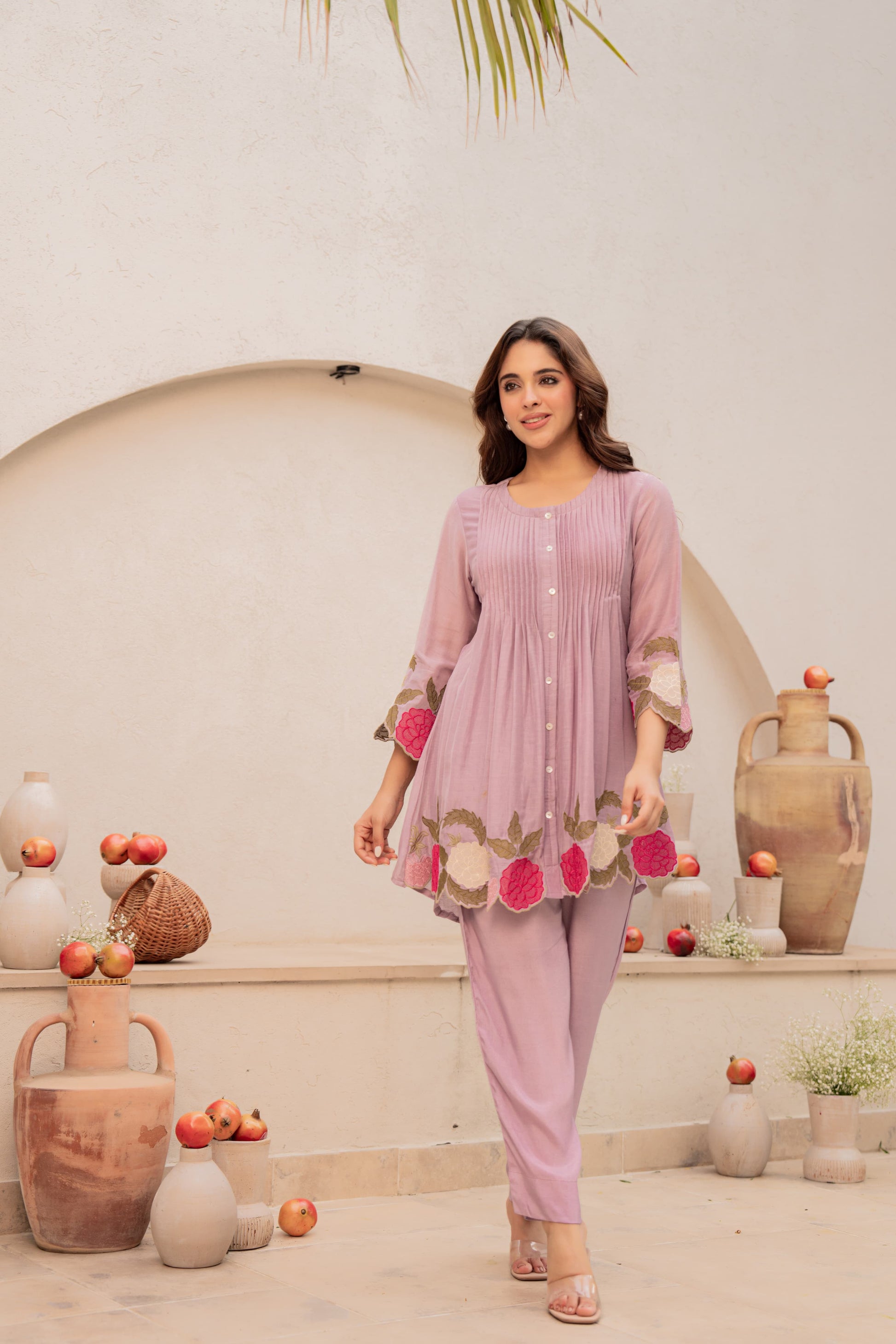 Lavender Dola Silk Co-ord Set with Cutwork Embroidery