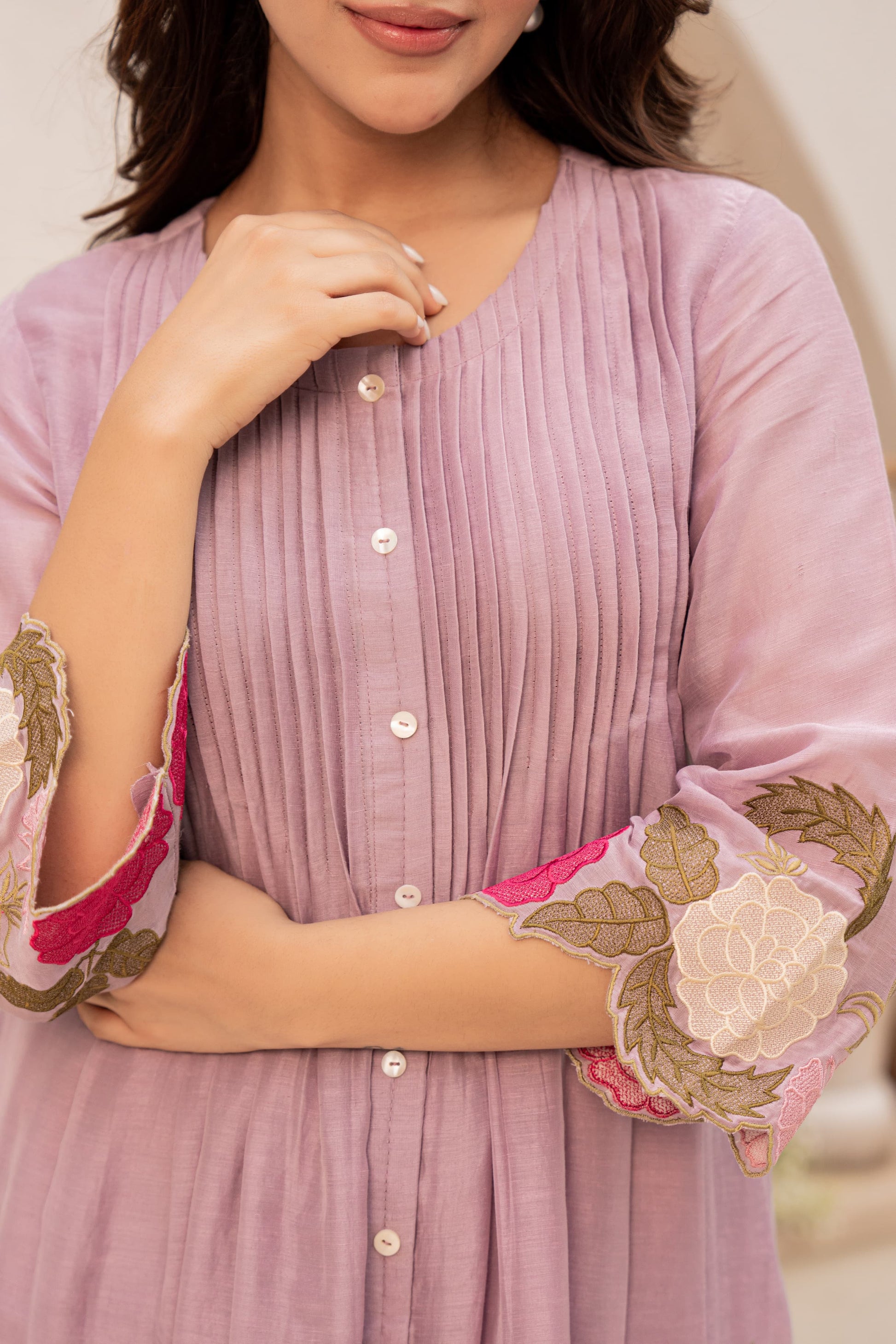 Lavender Dola Silk Co-ord Set with Cutwork Embroidery
