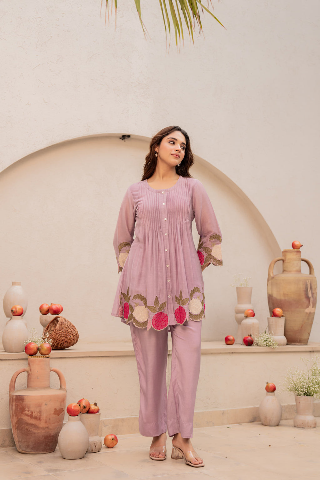 Lavender Dola Silk Co-ord Set with Cutwork Embroidery
