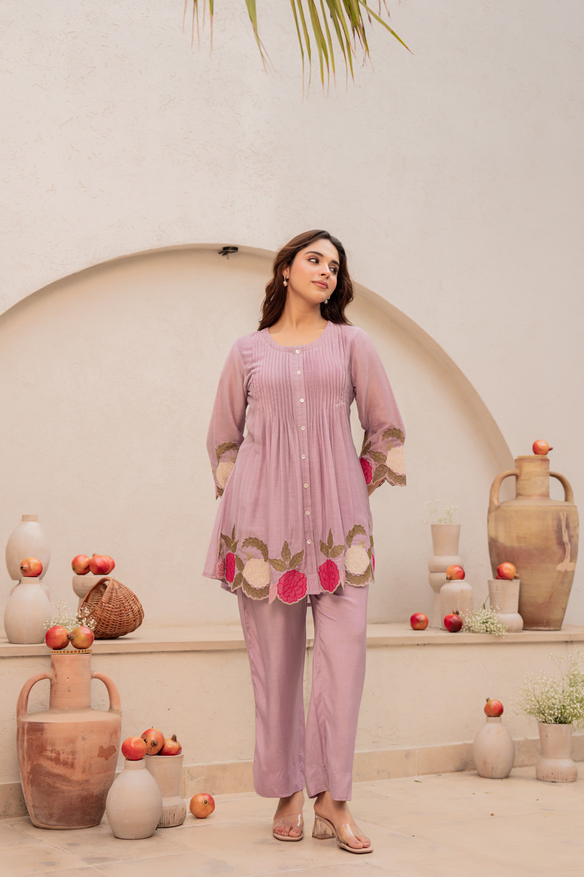 Lavender Dola Silk Co-ord Set with Cutwork Embroidery