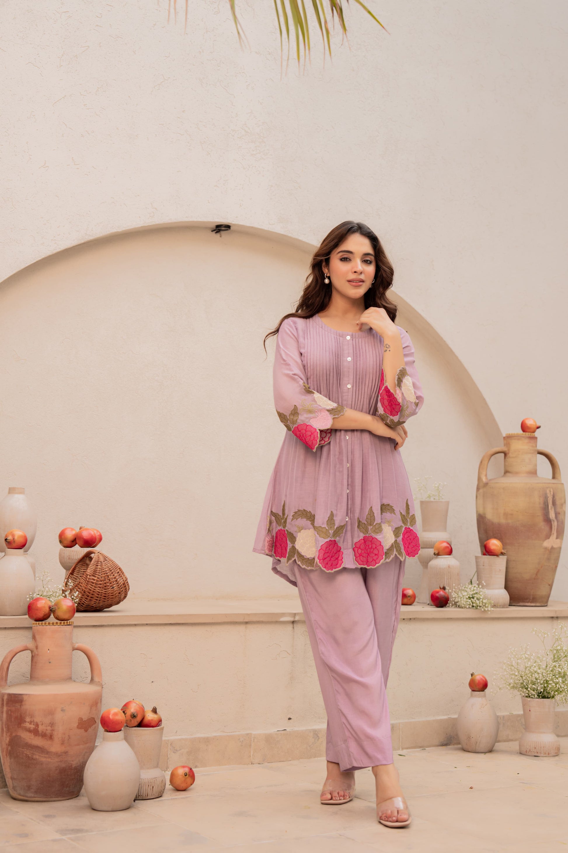 Lavender Dola Silk Co-ord Set with Cutwork Embroidery