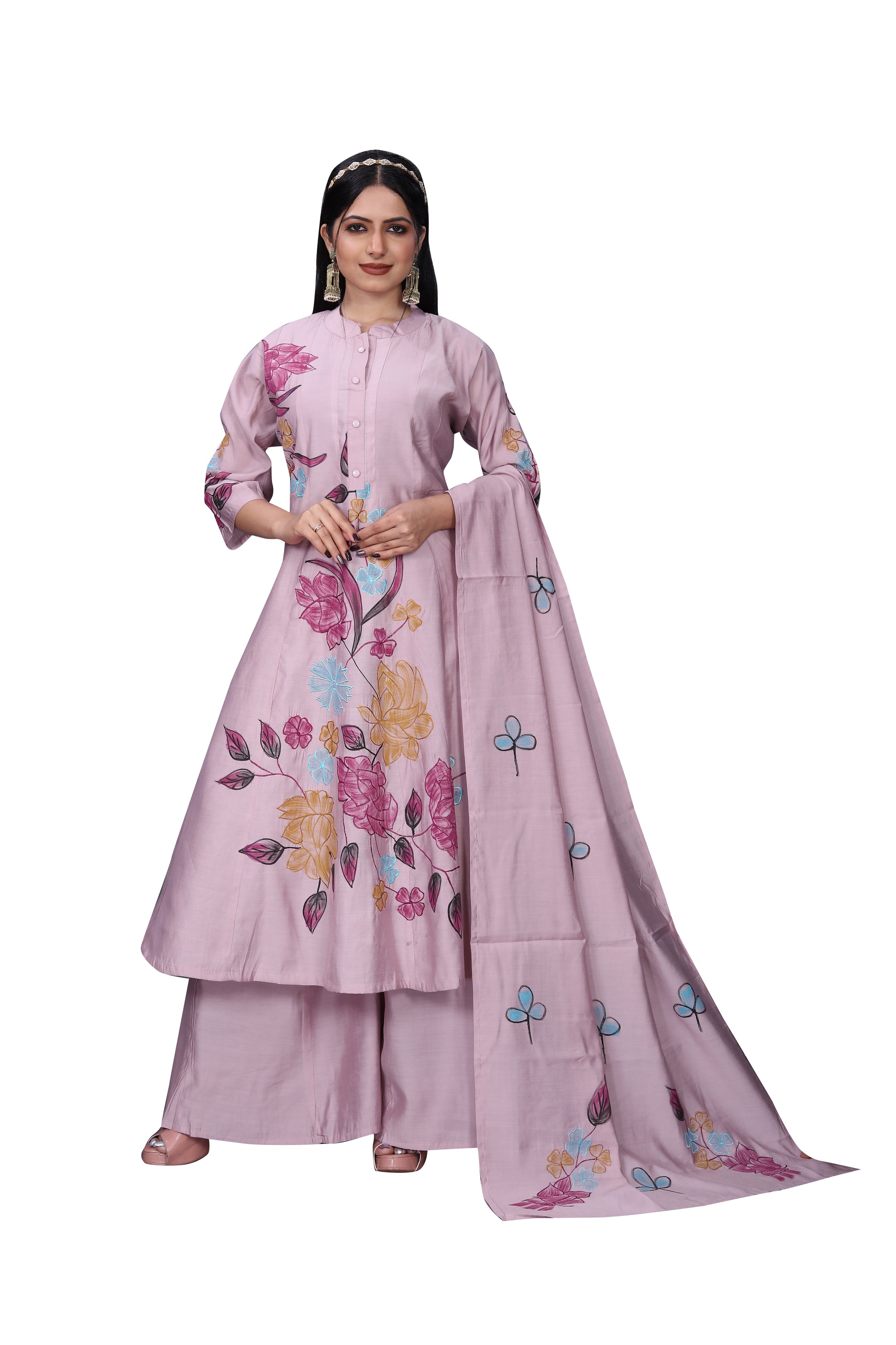 Blush Pink Silk Blend Floral Brush Print Suit Set with Dupatta – 3 Piece Ensemble