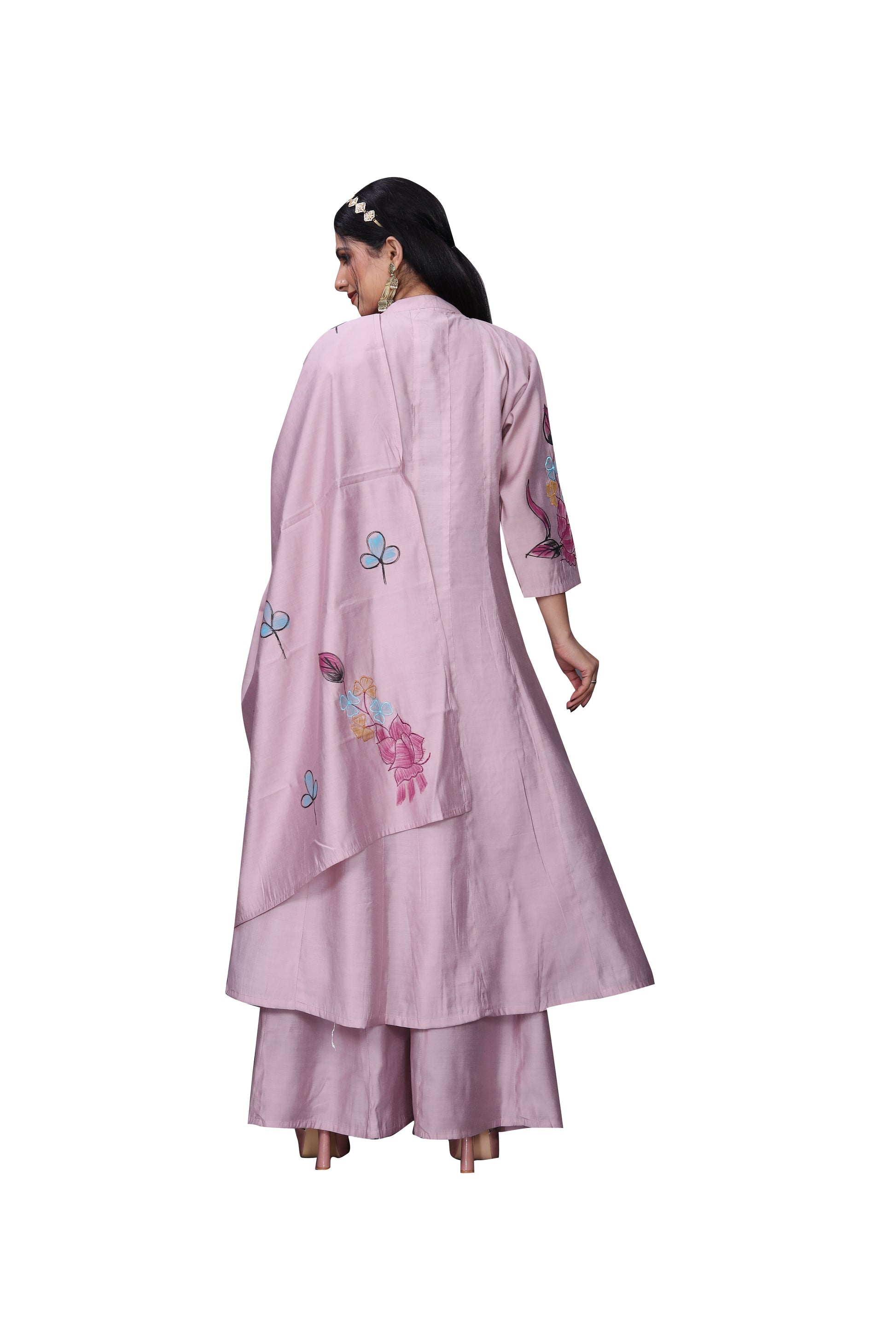 Blush Pink Silk Blend Floral Brush Print Suit Set with Dupatta – 3 Piece Ensemble