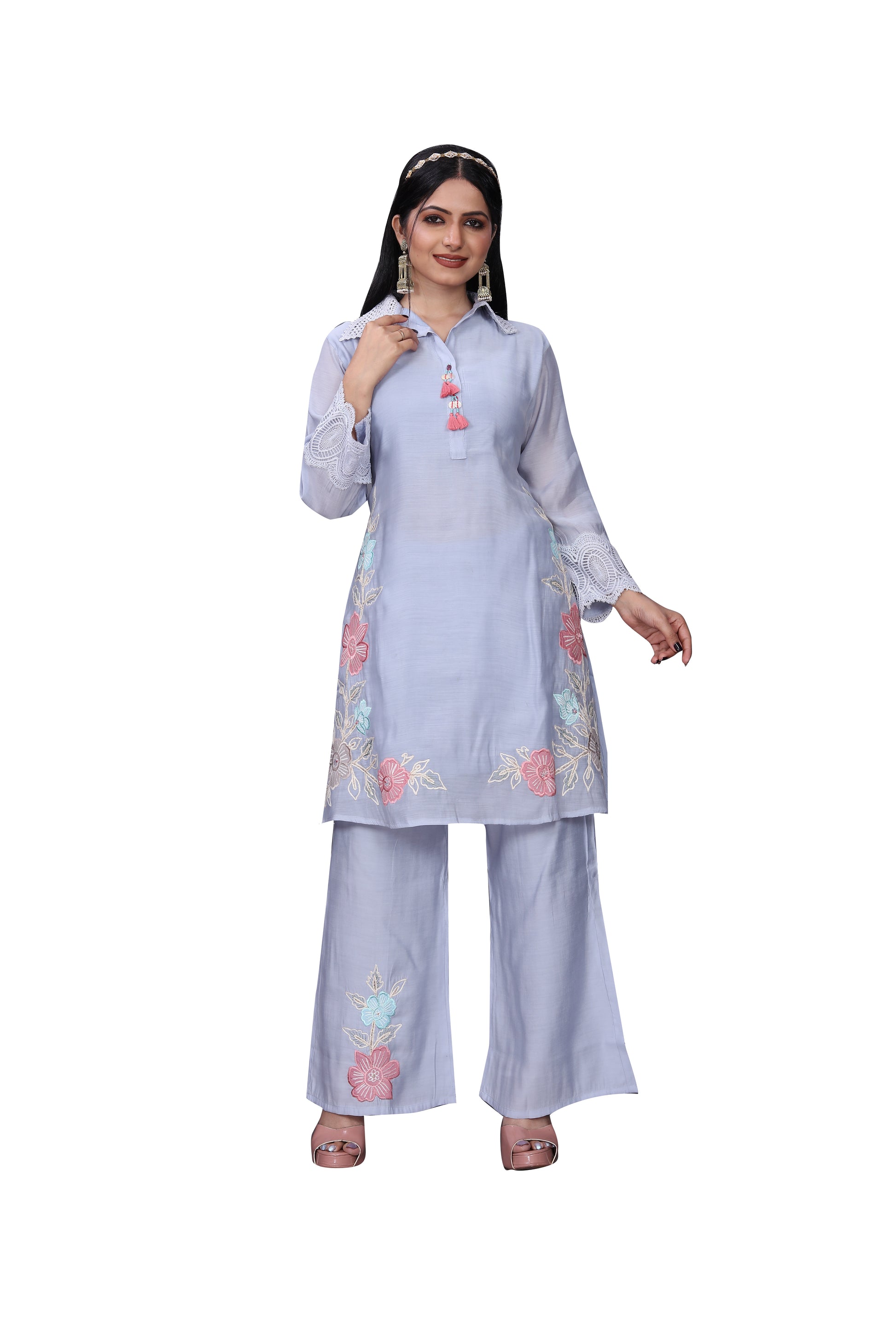 Elegant Lavender Mal Chanderi Co-Ord Set with Chikankari Collar & Floral Embroidery