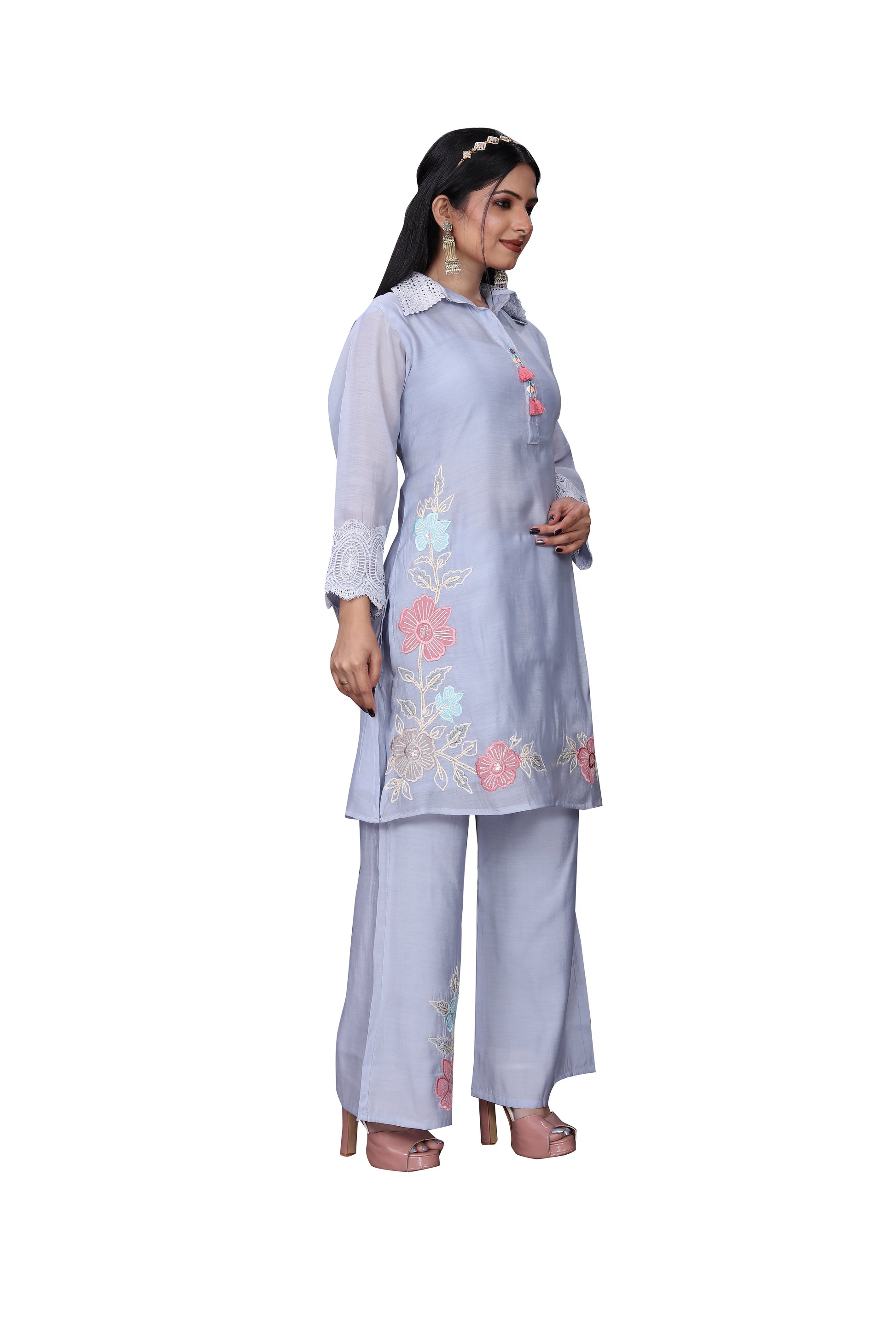 Elegant Lavender Mal Chanderi Co-Ord Set with Chikankari Collar & Floral Embroidery