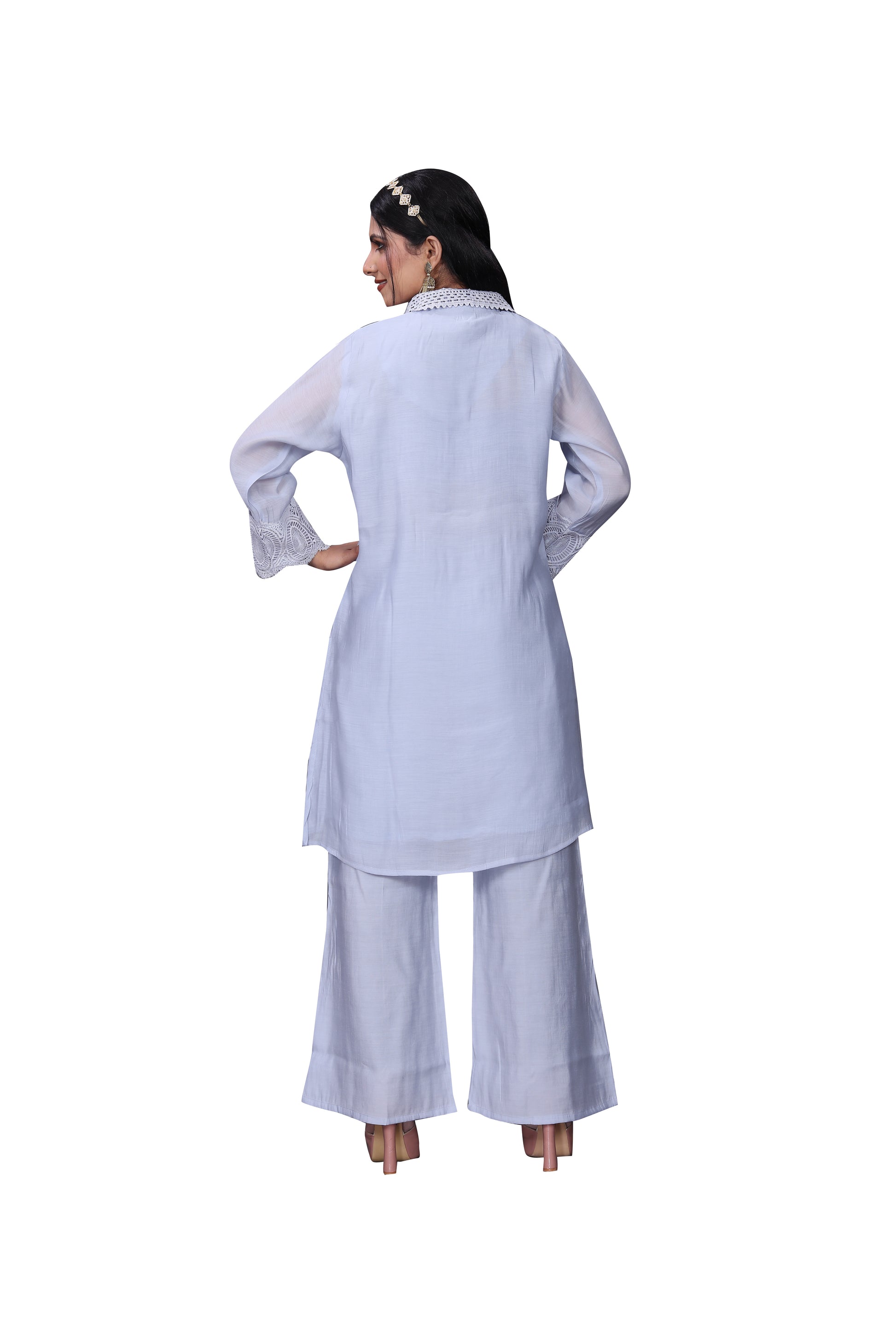 Elegant Lavender Mal Chanderi Co-Ord Set with Chikankari Collar & Floral Embroidery