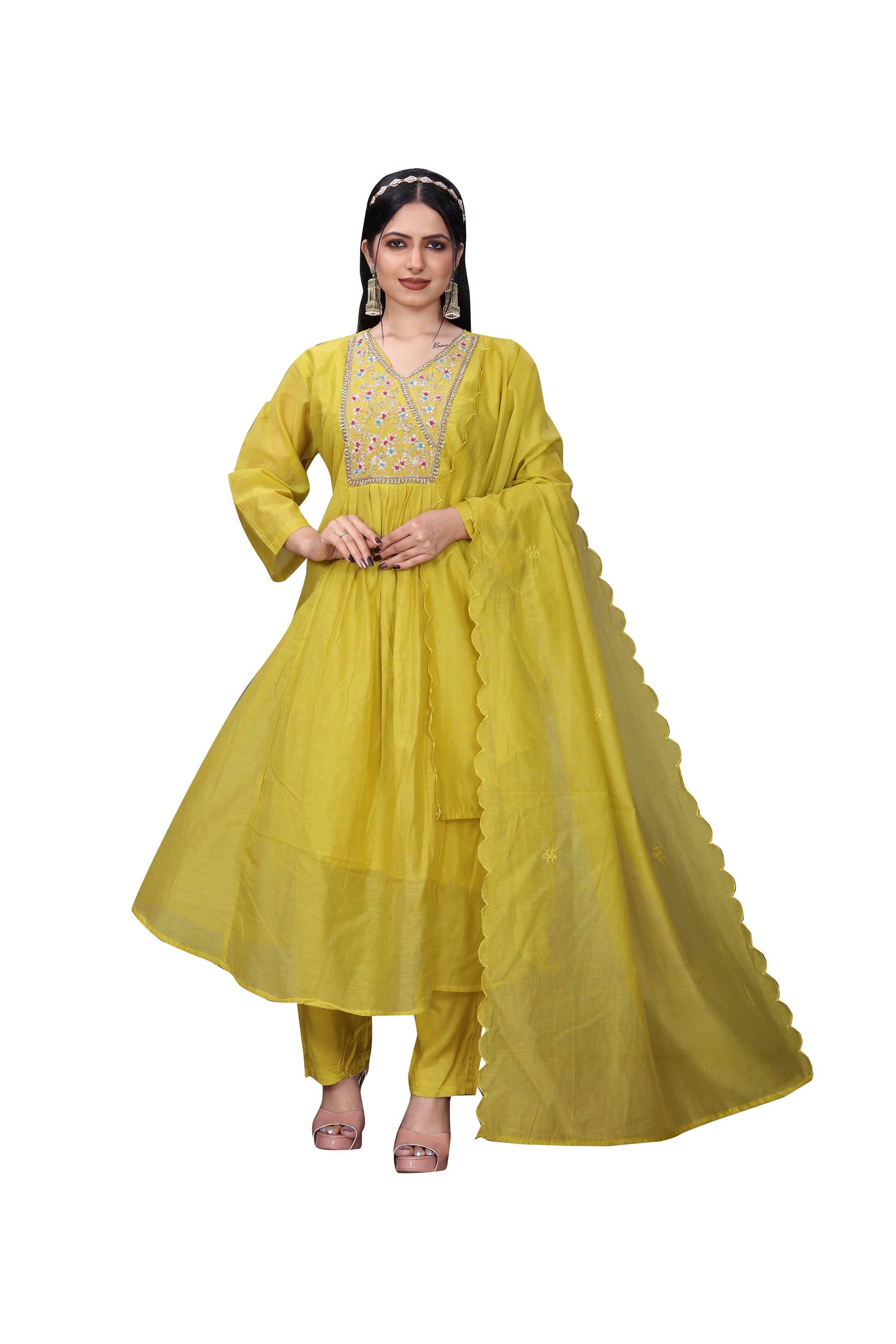 Mustard Yellow Mal Chanderi Suit Set with Hand Embroidered Neckline & Dupatta – 3 Piece Ensemble