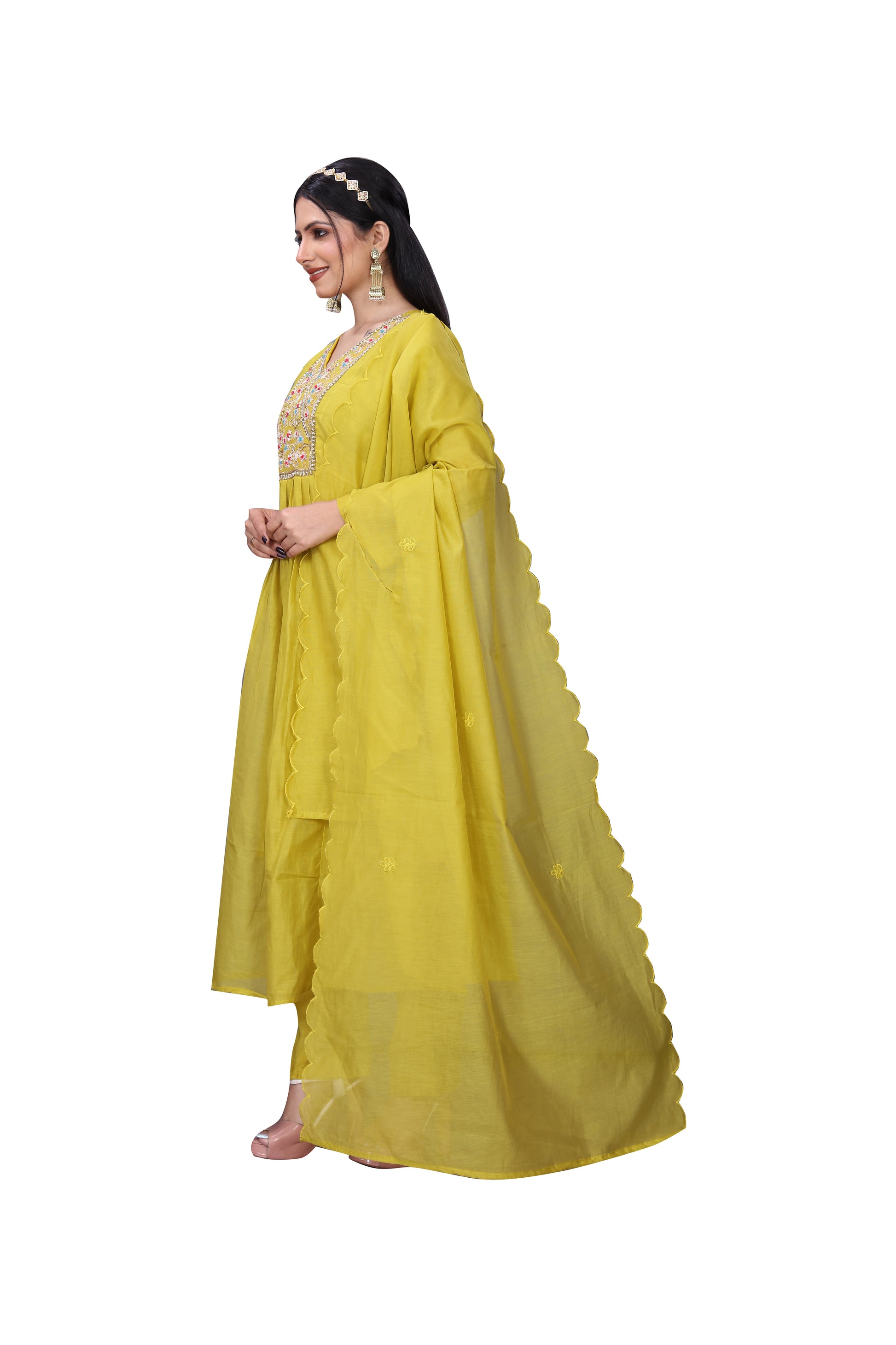 Mustard Yellow Mal Chanderi Suit Set with Hand Embroidered Neckline & Dupatta – 3 Piece Ensemble