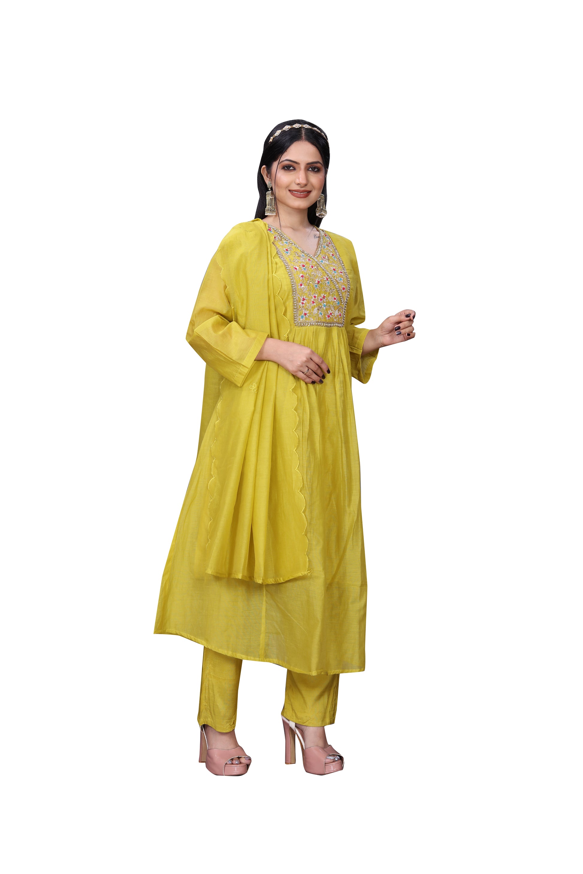 Mustard Yellow Mal Chanderi Suit Set with Hand Embroidered Neckline & Dupatta – 3 Piece Ensemble
