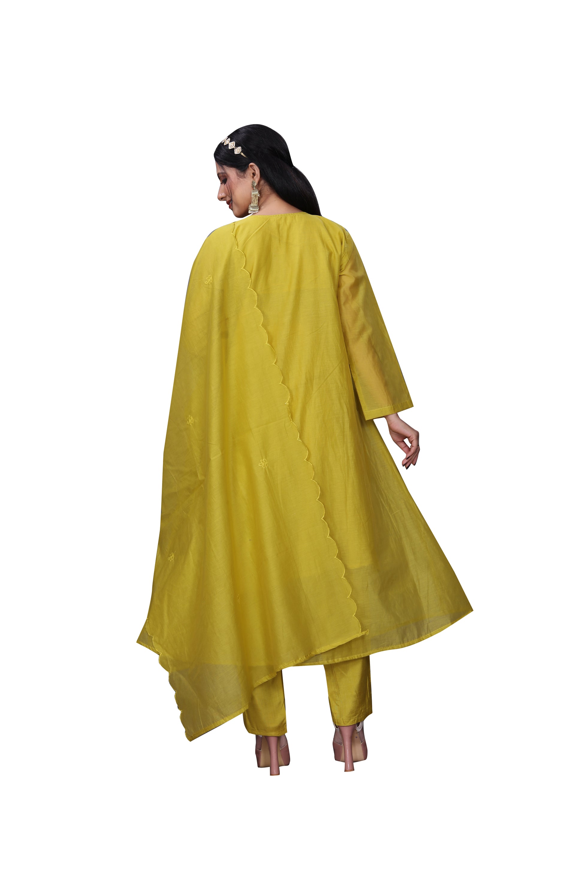 Mustard Yellow Mal Chanderi Suit Set with Hand Embroidered Neckline & Dupatta – 3 Piece Ensemble