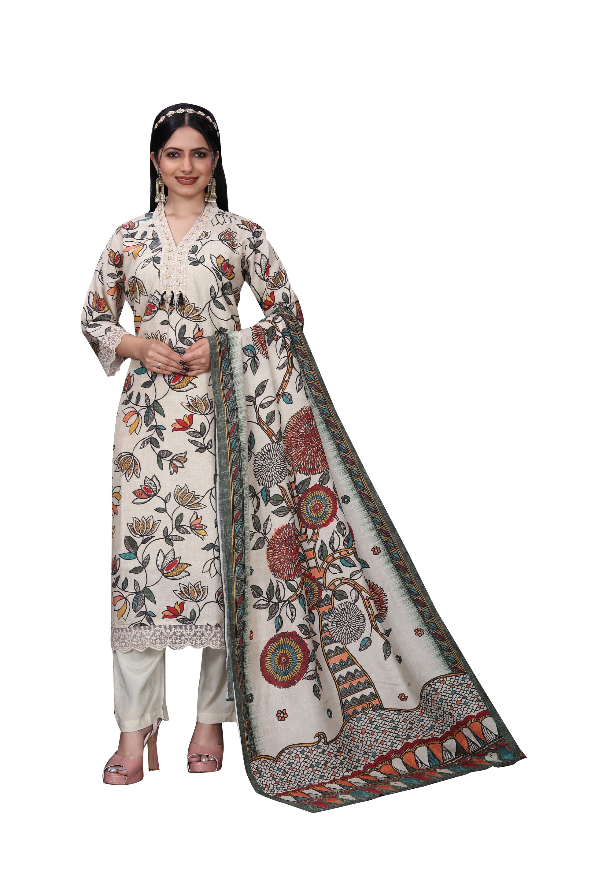 Cream Silk Suit Set with Digital Print, V-Neck Lace Design & Light Kodi Handwork – 3 Piece Ensemble