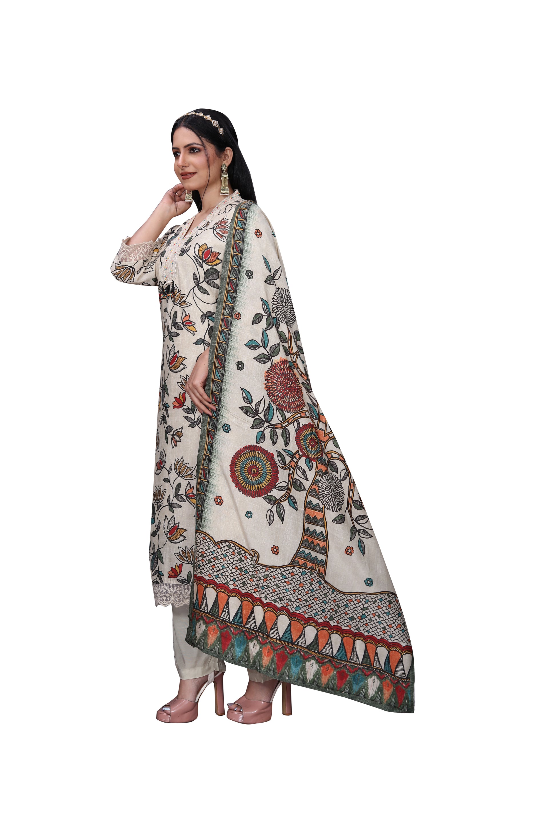 Cream Silk Suit Set with Digital Print, V-Neck Lace Design & Light Kodi Handwork – 3 Piece Ensemble