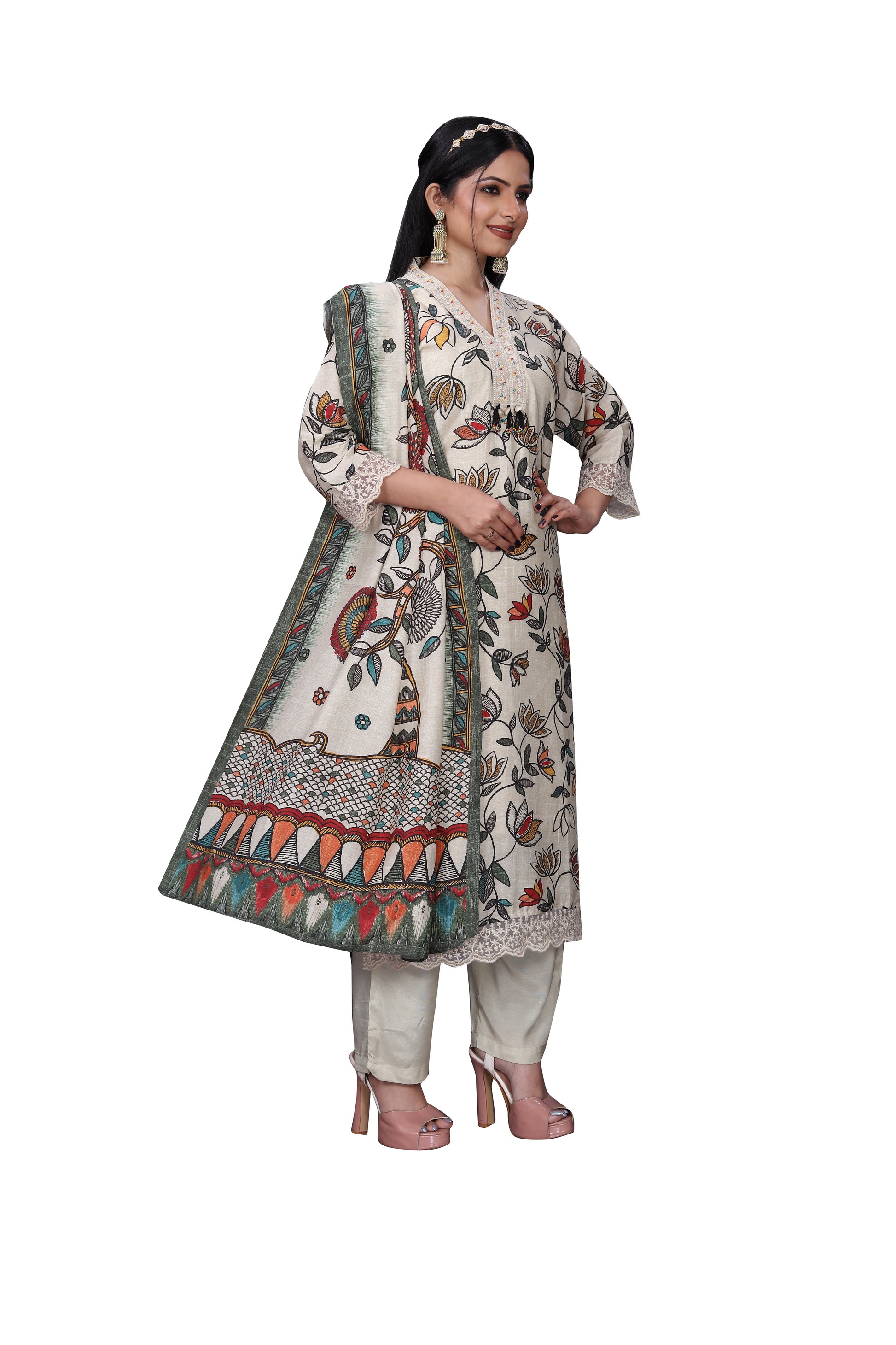 Cream Silk Suit Set with Digital Print, V-Neck Lace Design & Light Kodi Handwork – 3 Piece Ensemble