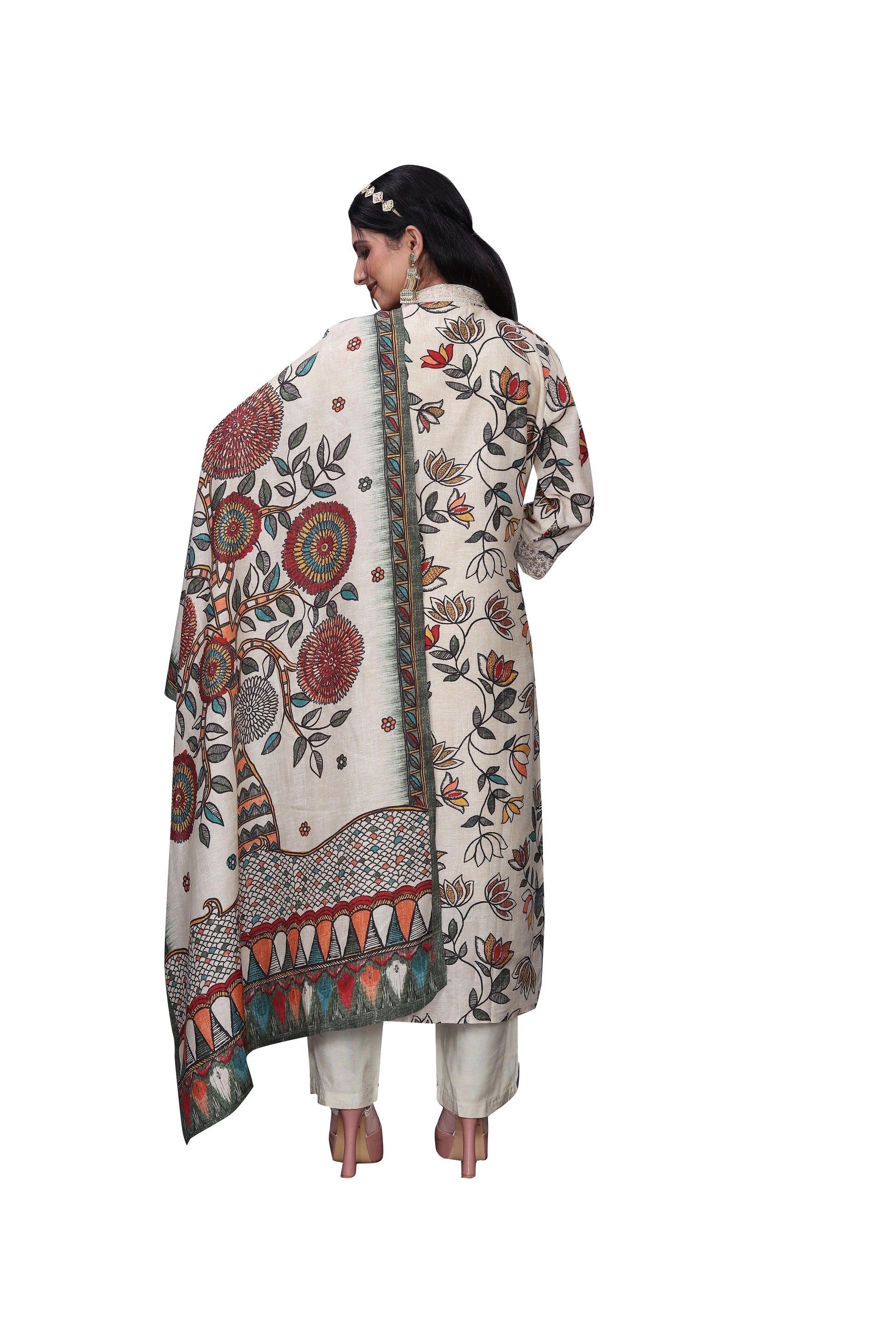 Cream Silk Suit Set with Digital Print, V-Neck Lace Design & Light Kodi Handwork – 3 Piece Ensemble