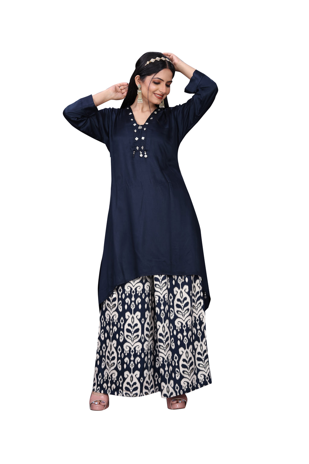 Premium Navy Blue Gajji Silk Co-Ord Set with Arc Cut Kurta & Printed Palazzo – Designer Ensemble