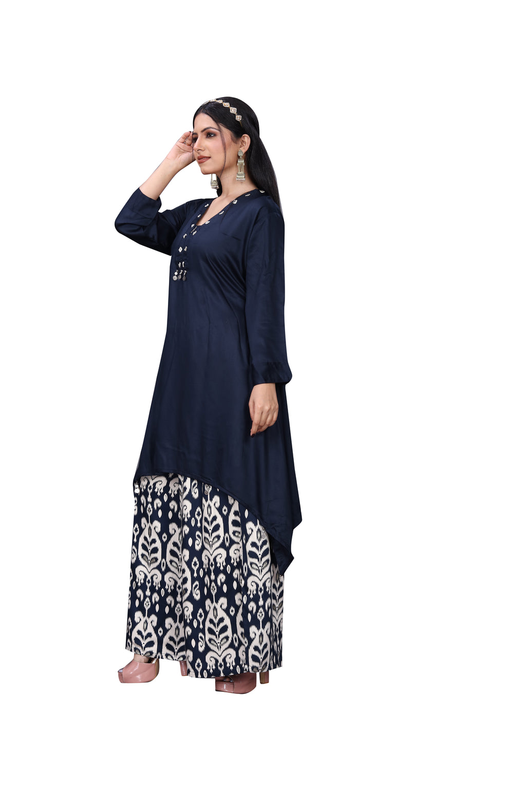 Premium Navy Blue Gajji Silk Co-Ord Set with Arc Cut Kurta & Printed Palazzo – Designer Ensemble
