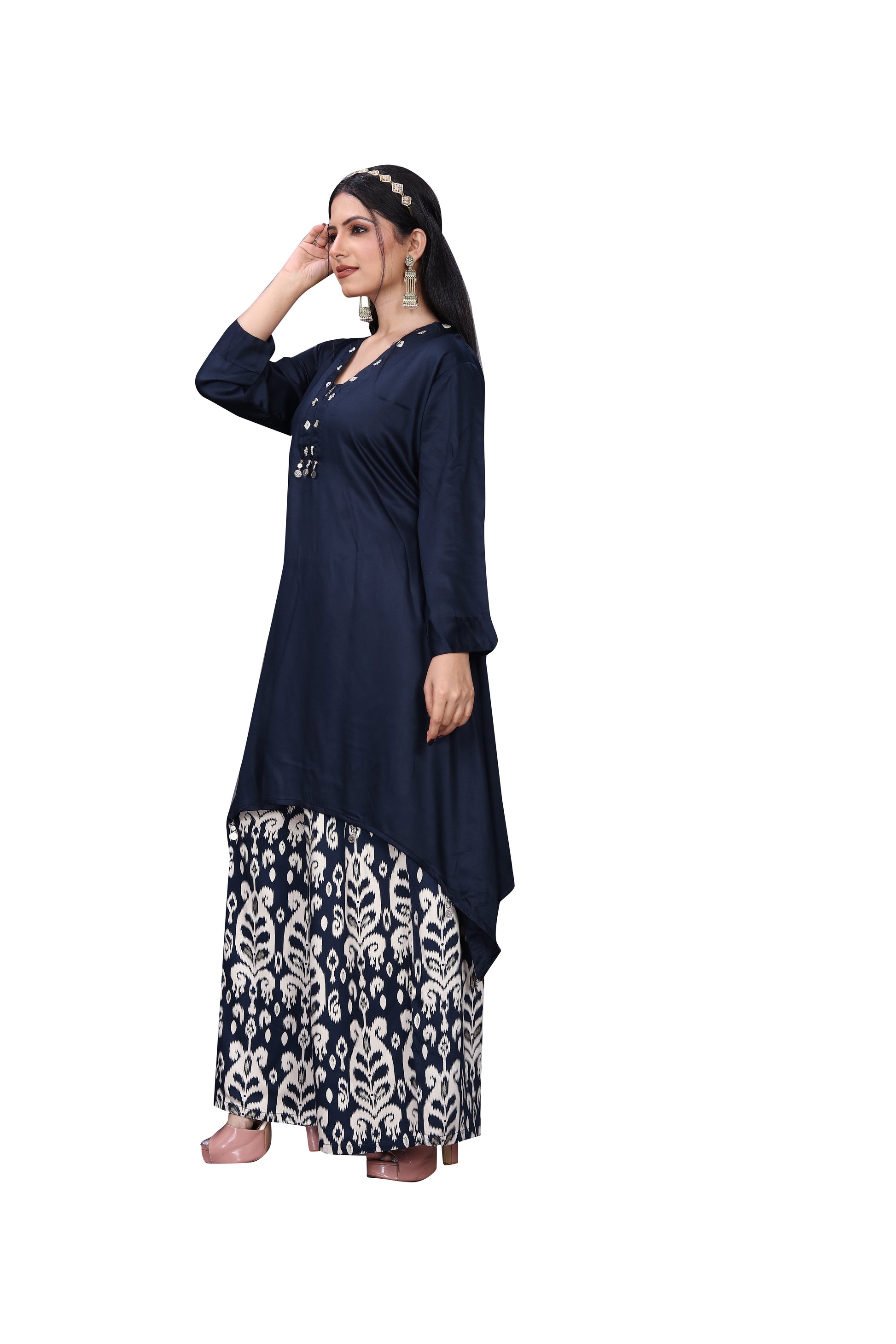 Premium Navy Blue Gajji Silk Co-Ord Set with Arc Cut Kurta & Printed Palazzo – Designer Ensemble