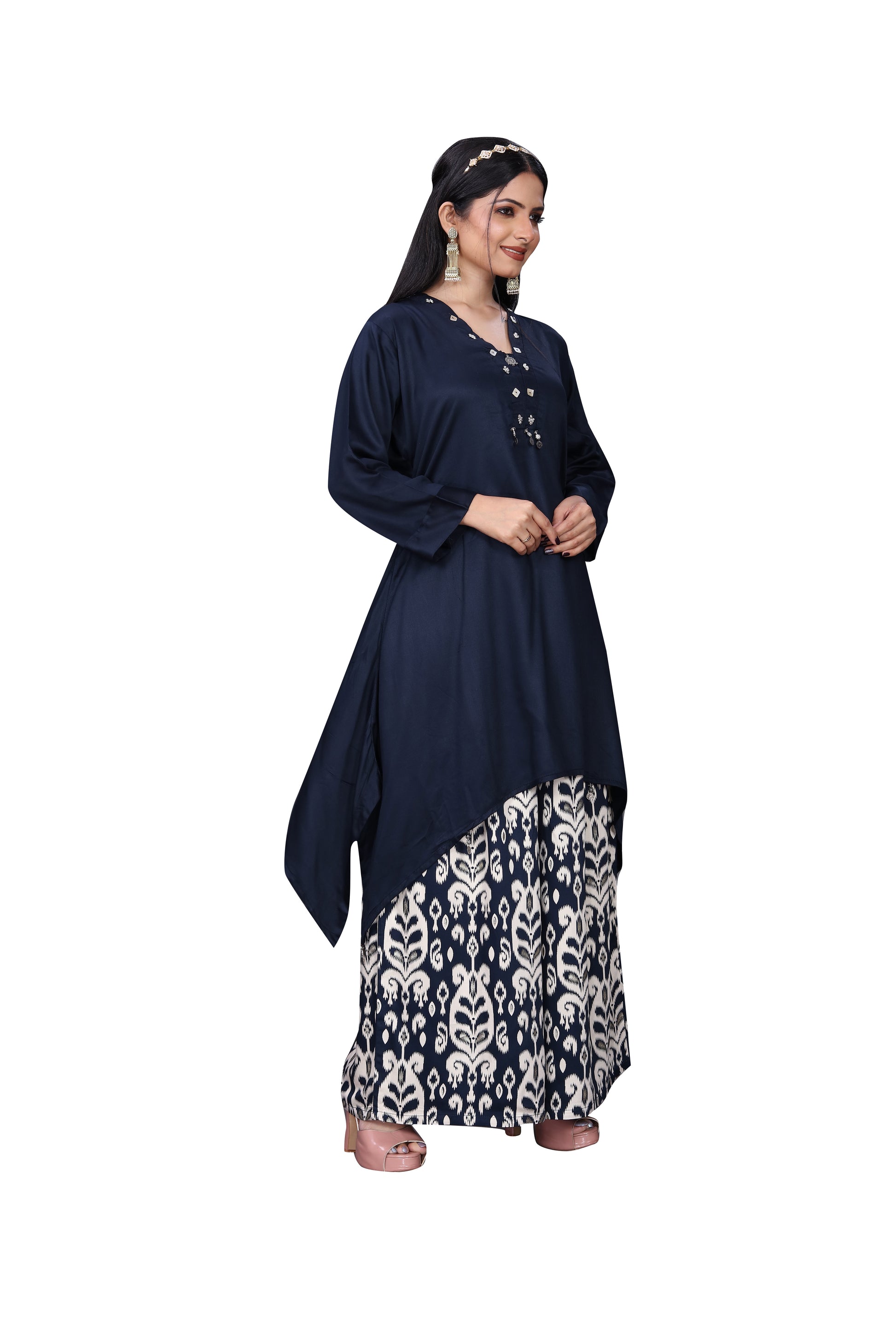 Premium Navy Blue Gajji Silk Co-Ord Set with Arc Cut Kurta & Printed Palazzo – Designer Ensemble