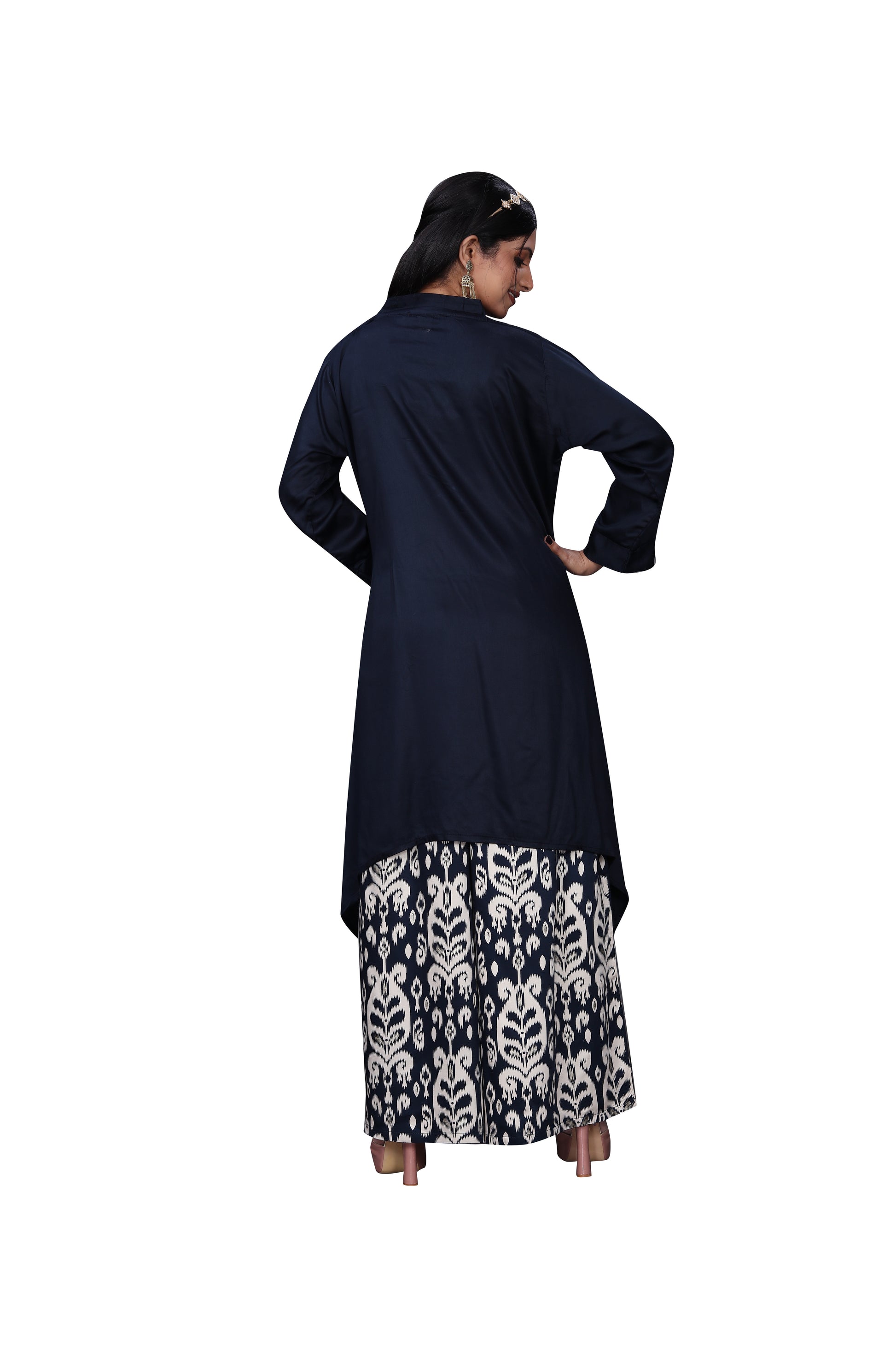 Premium Navy Blue Gajji Silk Co-Ord Set with Arc Cut Kurta & Printed Palazzo – Designer Ensemble
