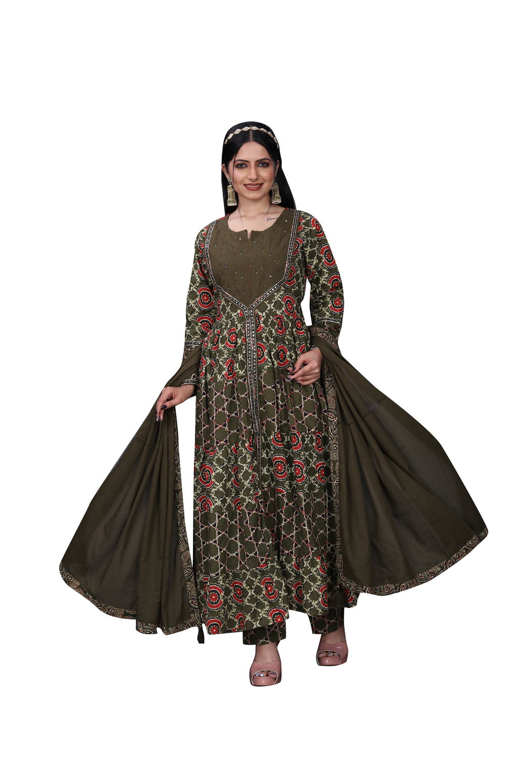 Premium Cotton Jaipuri Print Anarkali Suit with Front Cut – Elegant Ethnic Ensemble
