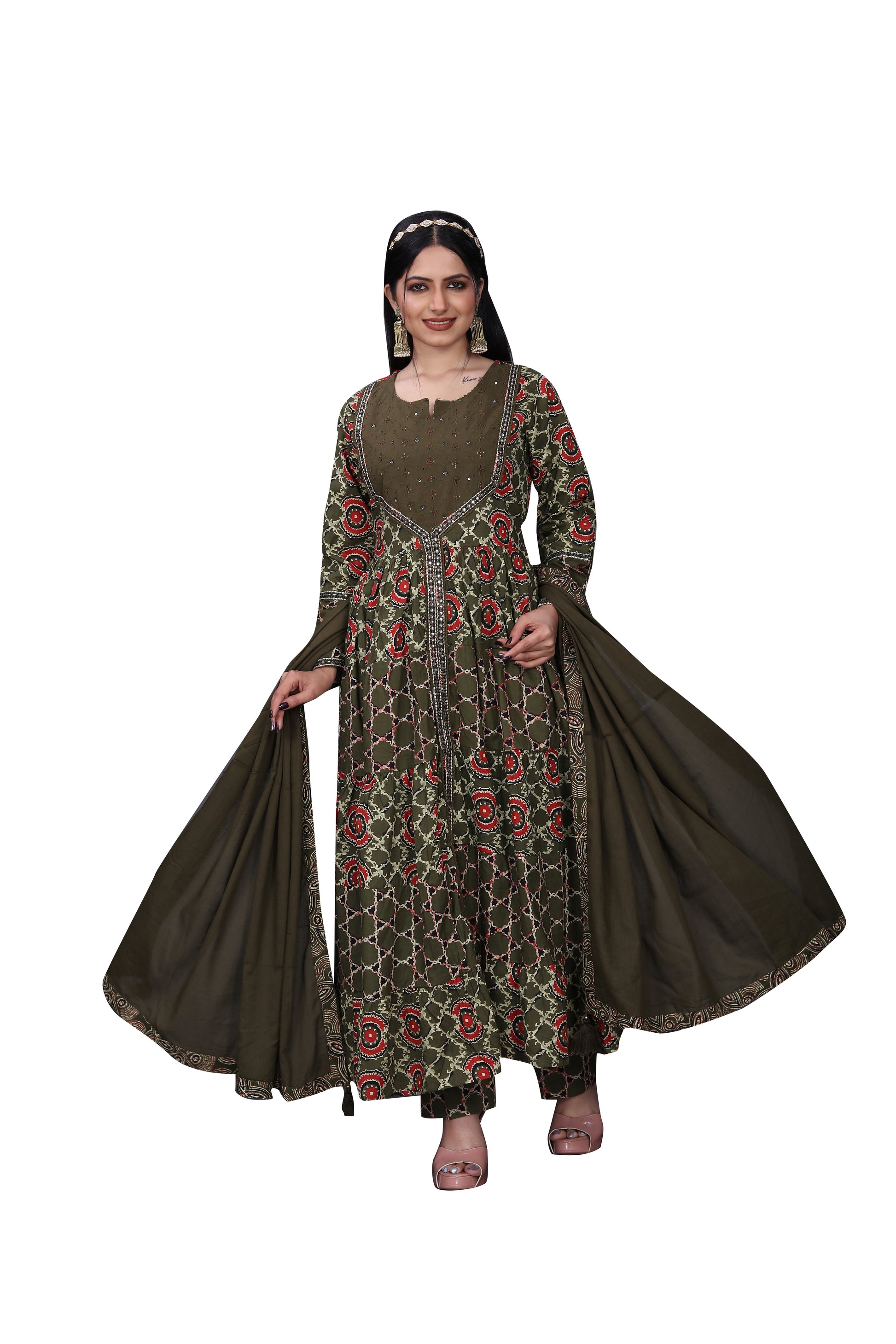 Premium Cotton Jaipuri Print Anarkali Suit with Front Cut – Elegant Ethnic Ensemble
