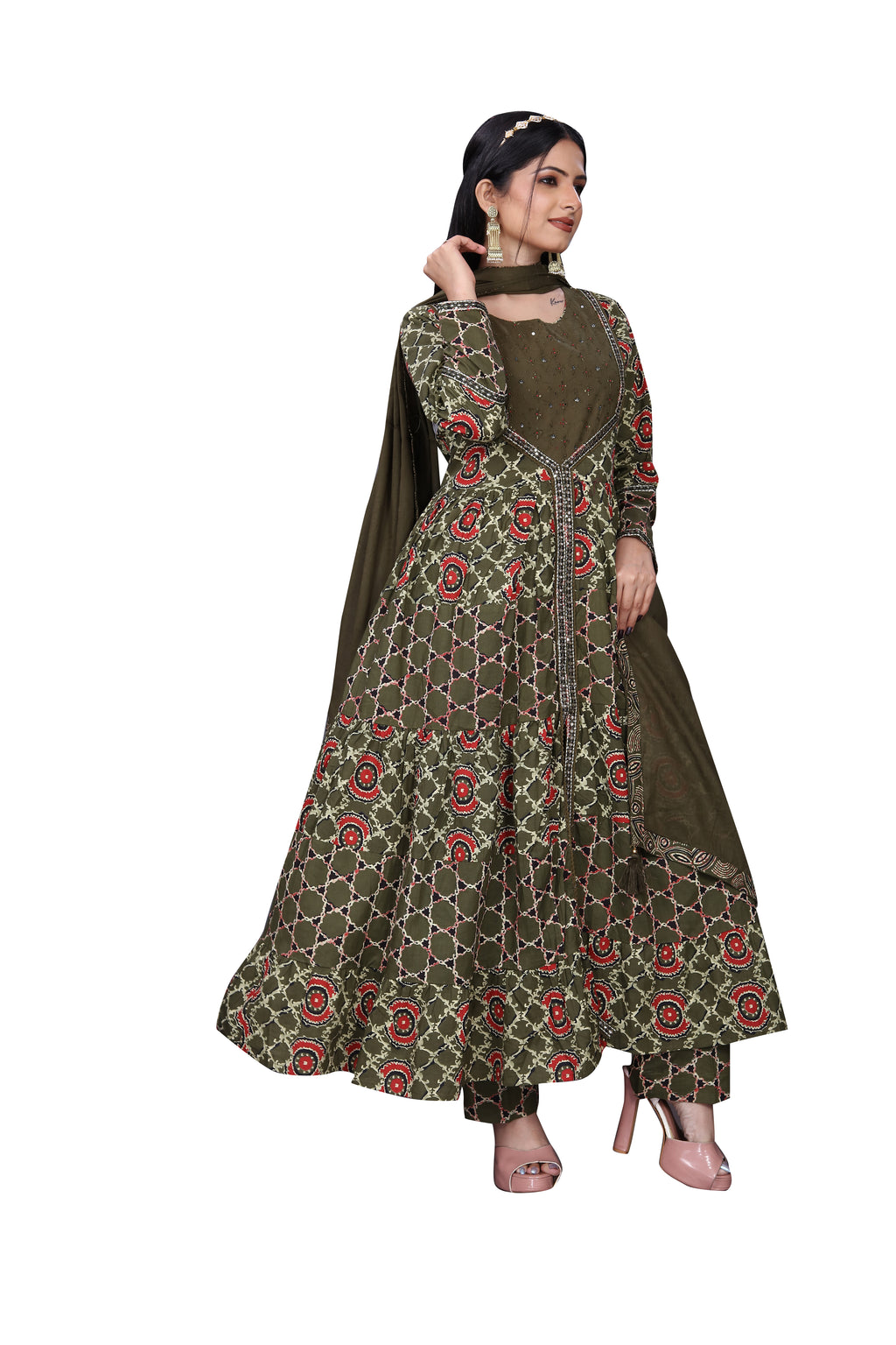 Premium Cotton Jaipuri Print Anarkali Suit with Front Cut – Elegant Ethnic Ensemble
